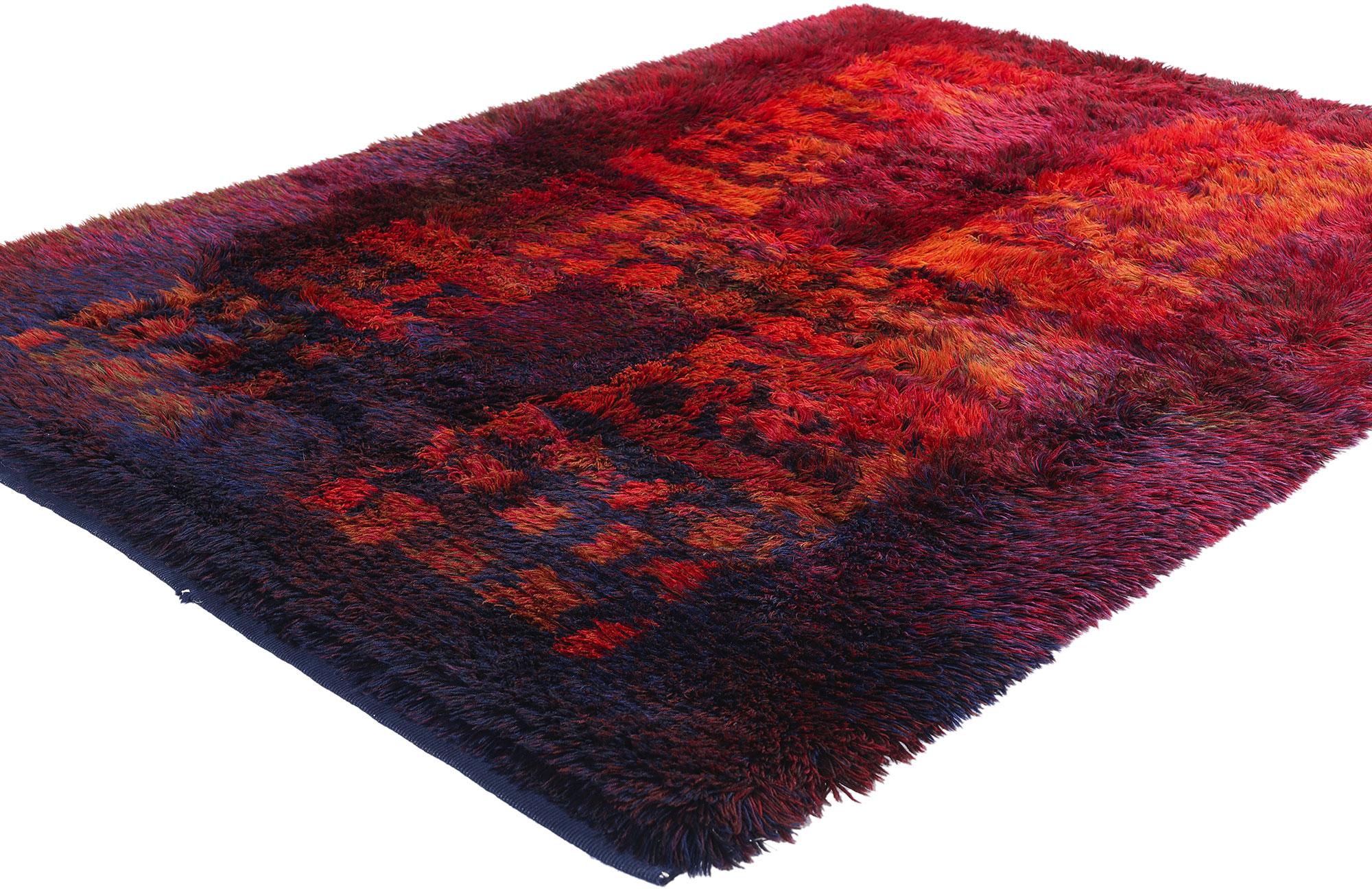 79099 Ritva Puotila Vintage Finnish Rya Ryijy Rug, 04'03 x 06'00. This hand-knotted wool vintage Finnish rya ryijy rug, Neptunus 1968, designed by the esteemed textile artist Ritva Puotila, epitomizes the mid-century Finnish design movement with its