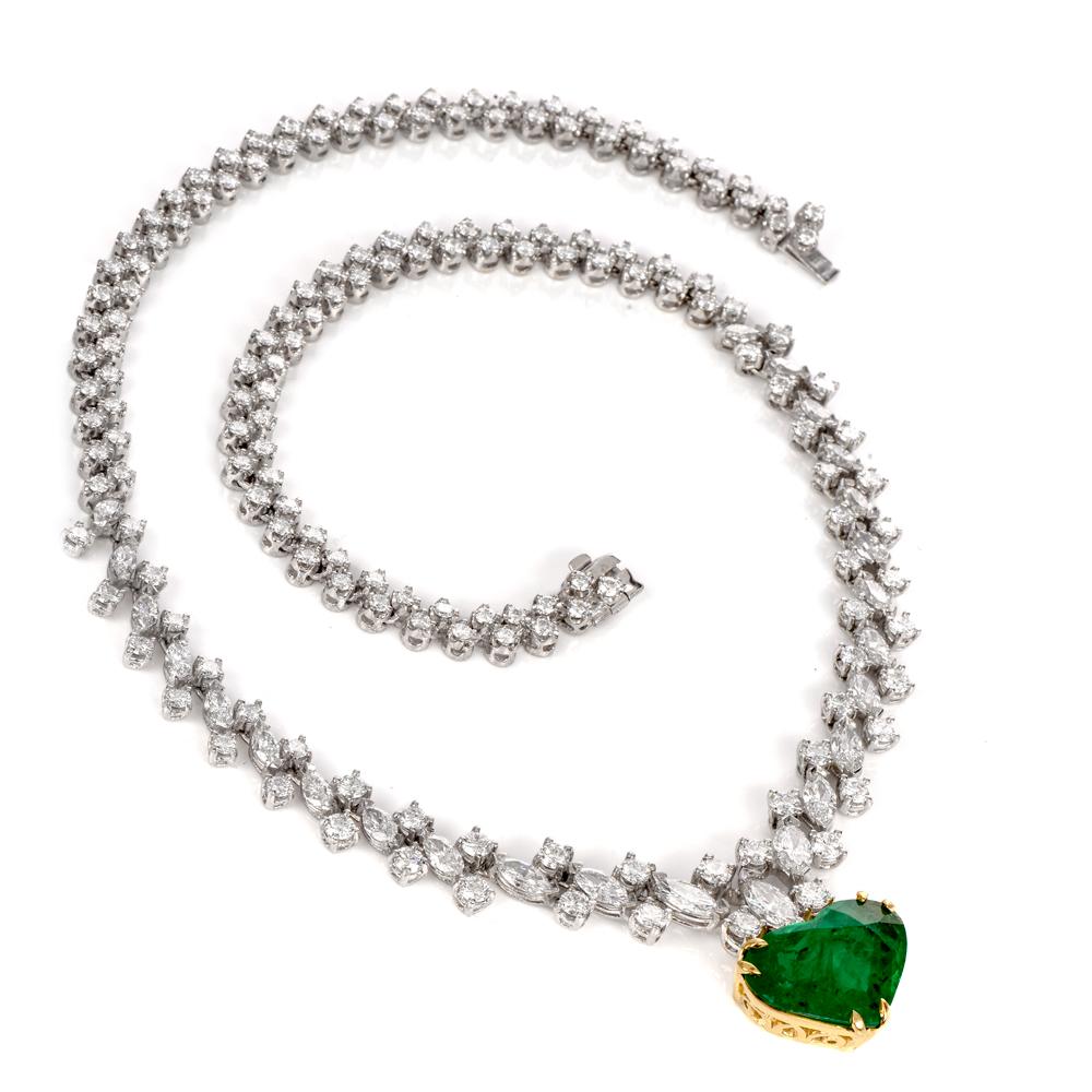 Art Deco 1960s Riviera Diamond GIA Heart Emerald Gold Necklace For Sale