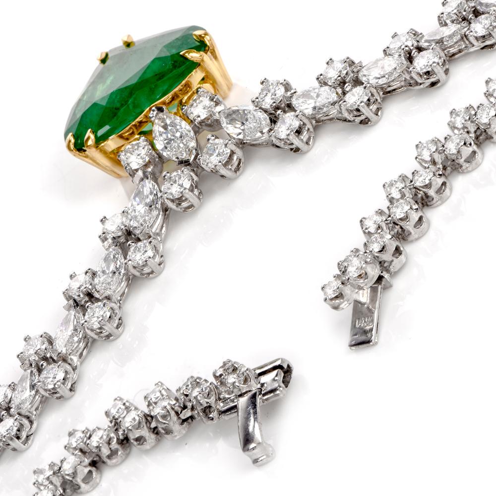 1960s Riviera Diamond GIA Heart Emerald Gold Necklace In Excellent Condition For Sale In Miami, FL