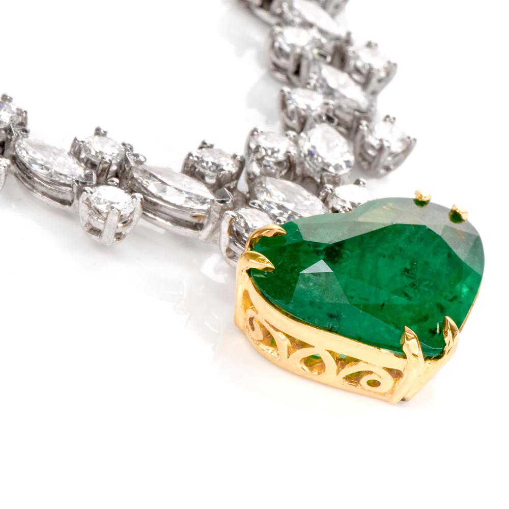 Women's 1960s Riviera Diamond GIA Heart Emerald Gold Necklace For Sale