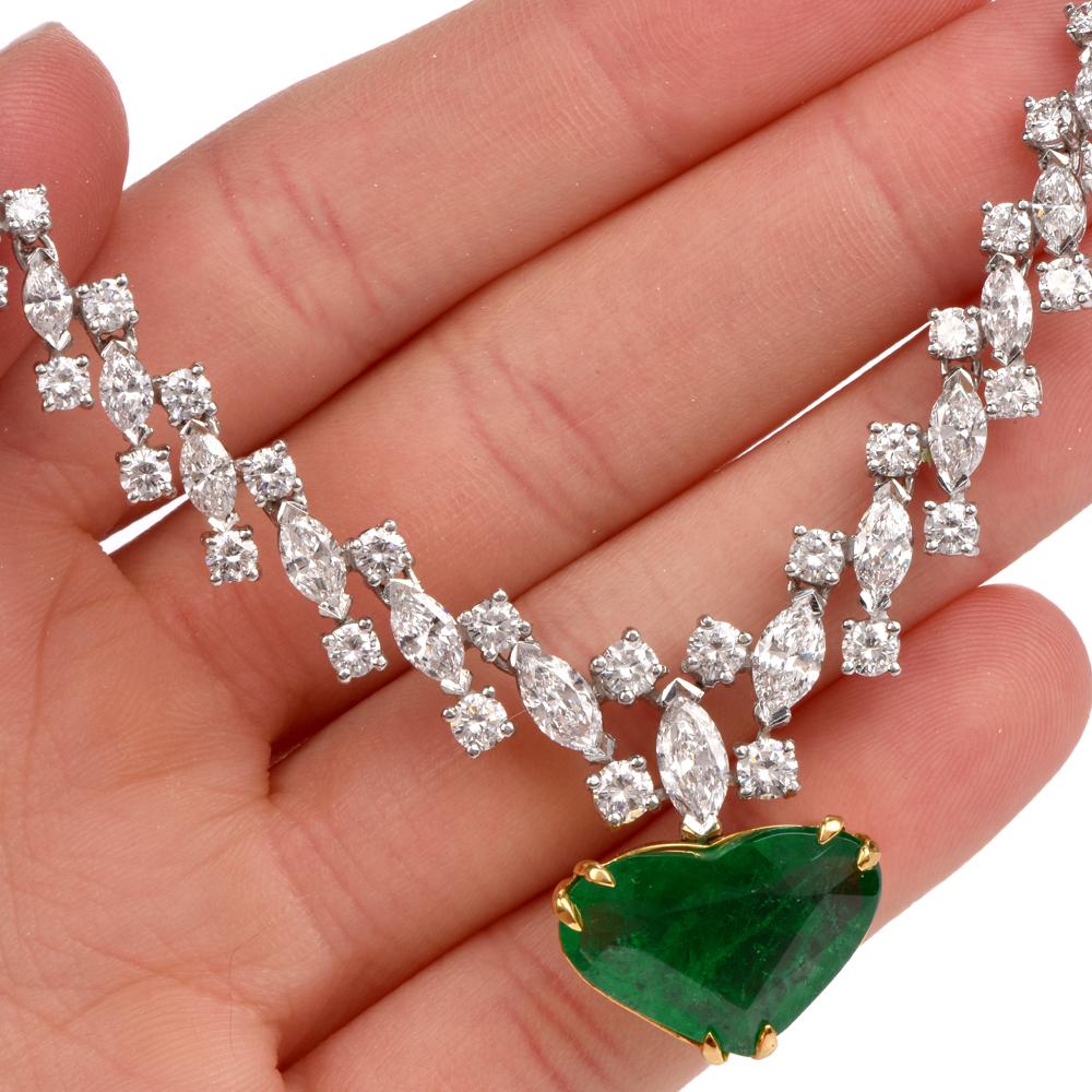 1960s Riviera Diamond GIA Heart Emerald Gold Necklace For Sale 1