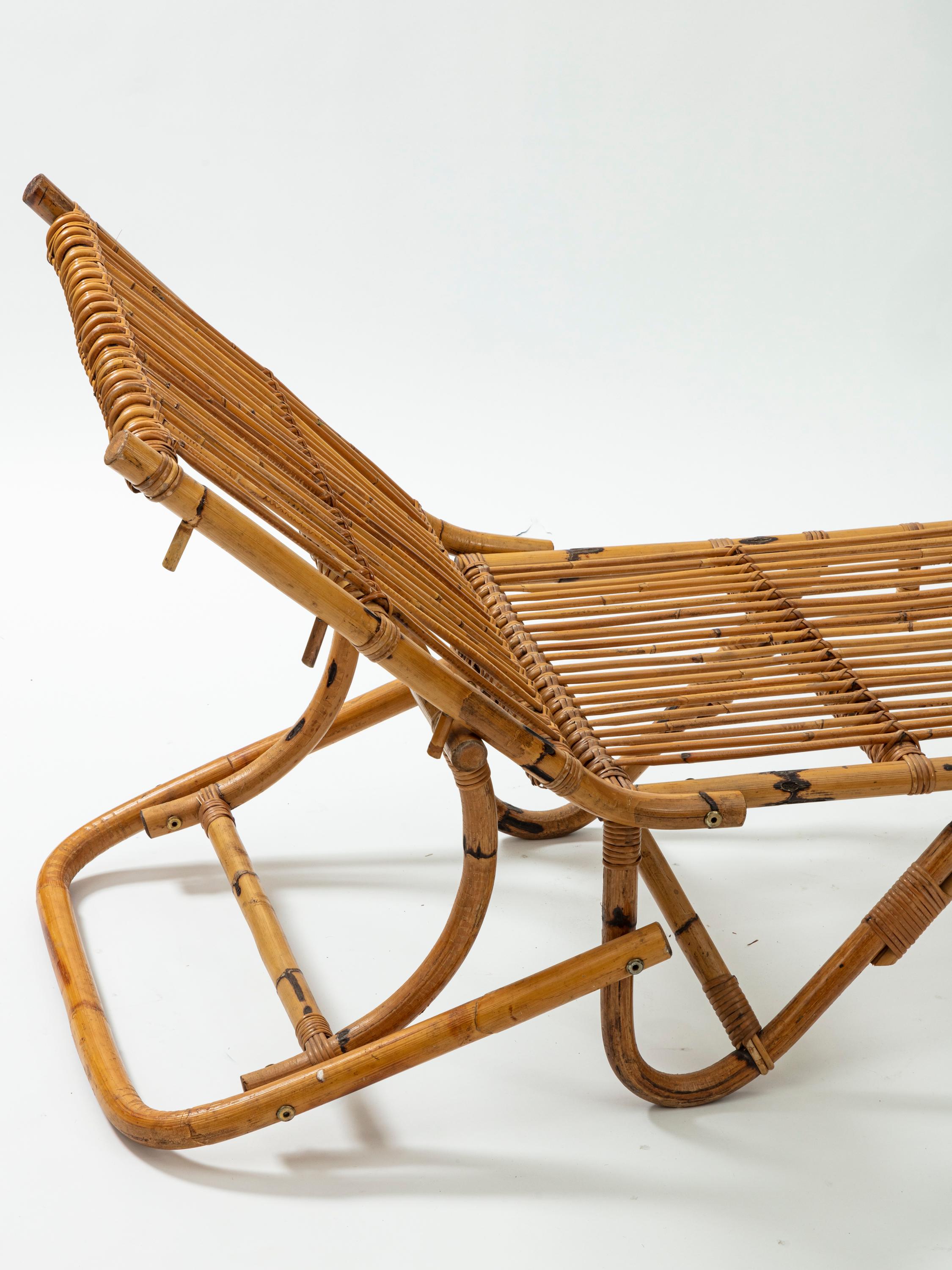 Rattan 1960s Riviera Style French Chaise Longue For Sale