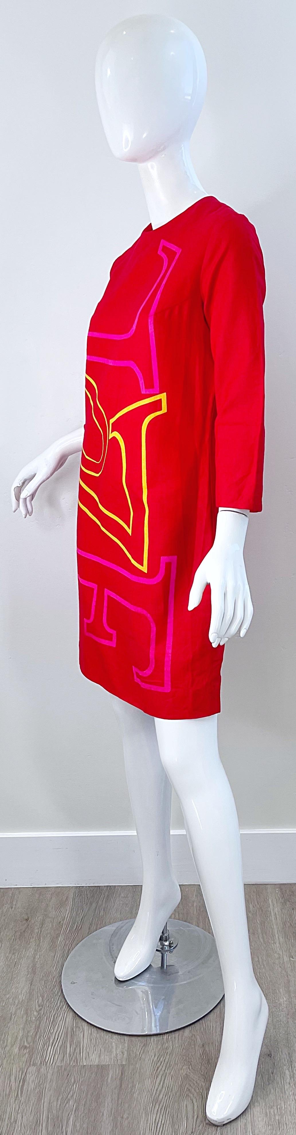 Women's 1960s Robert Indiana LOVE Hand Painted Cotton Red Vintage 60s Shift Dress For Sale