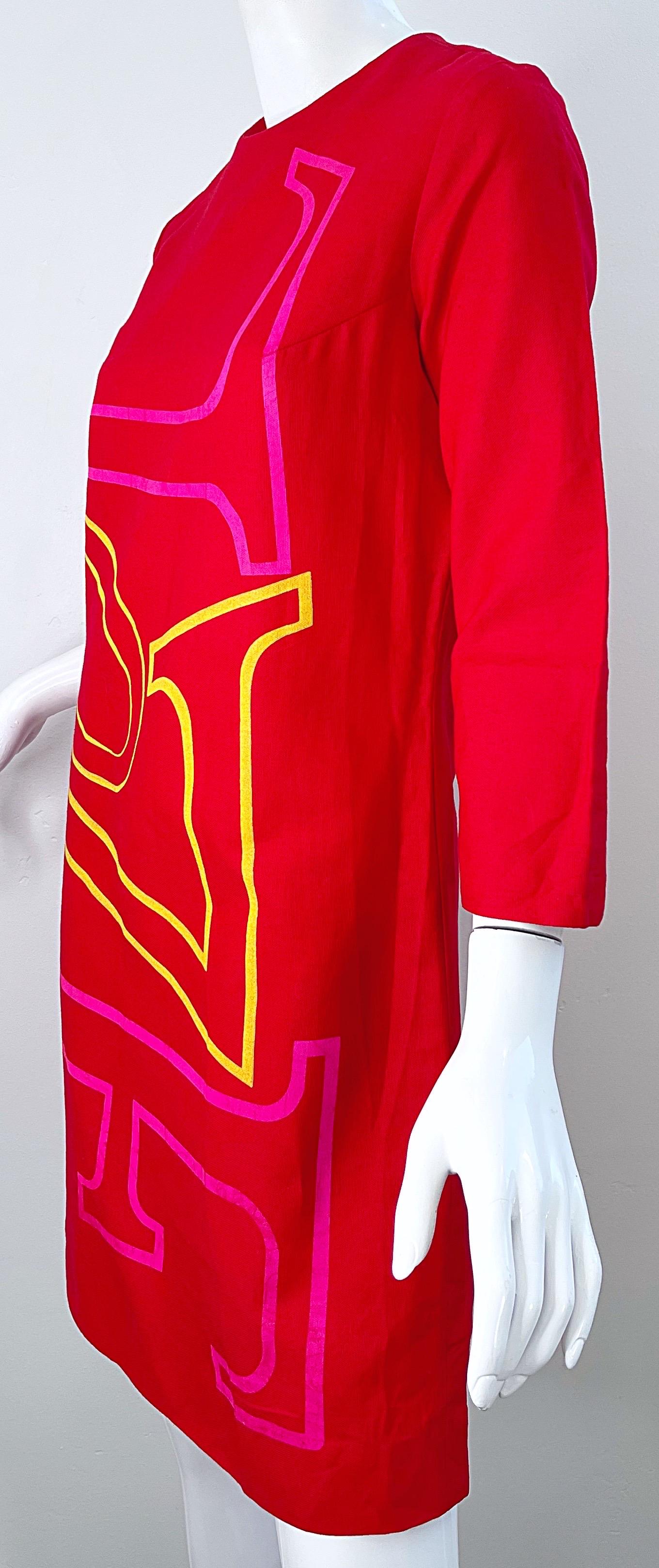 1960s Robert Indiana LOVE Hand Painted Cotton Red Vintage 60s Shift Dress For Sale 5