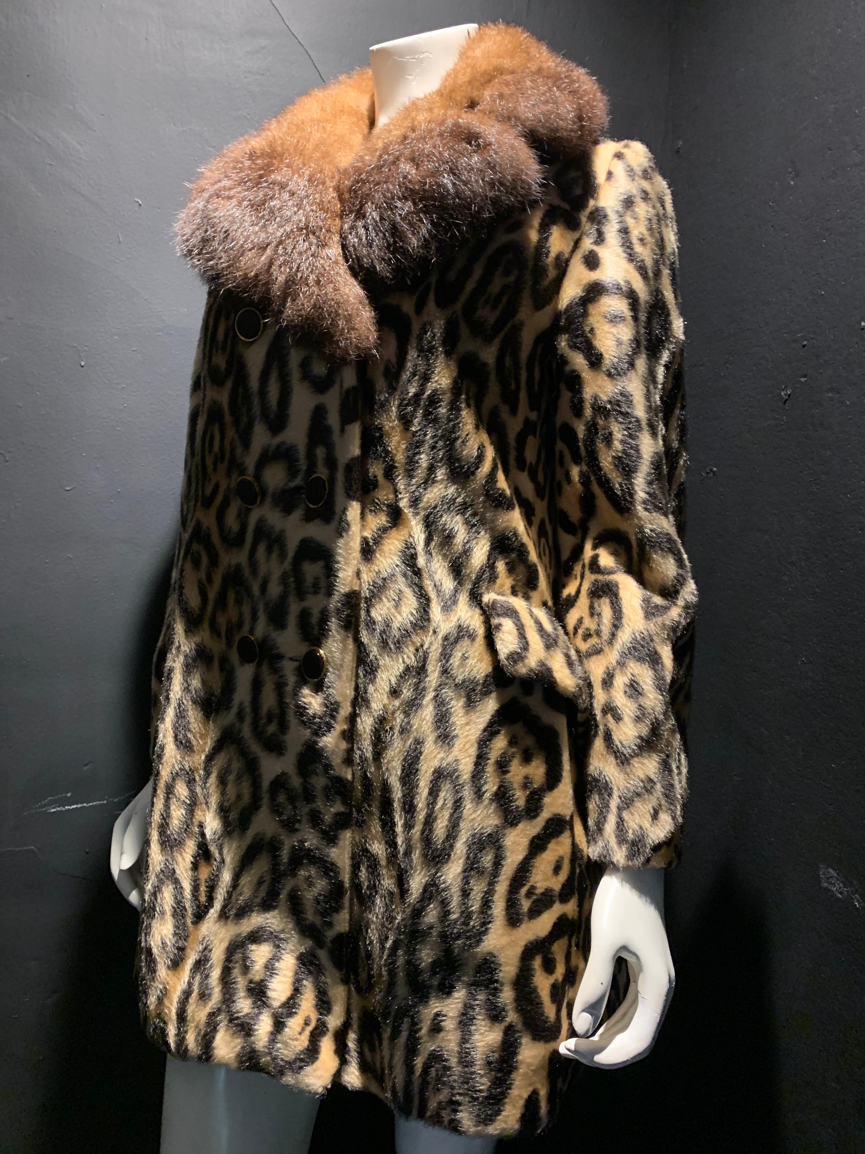 1960s Robert Meshekoff Faux Leopard Double Breasted Coat W/ Possum Fur Collar For Sale 2