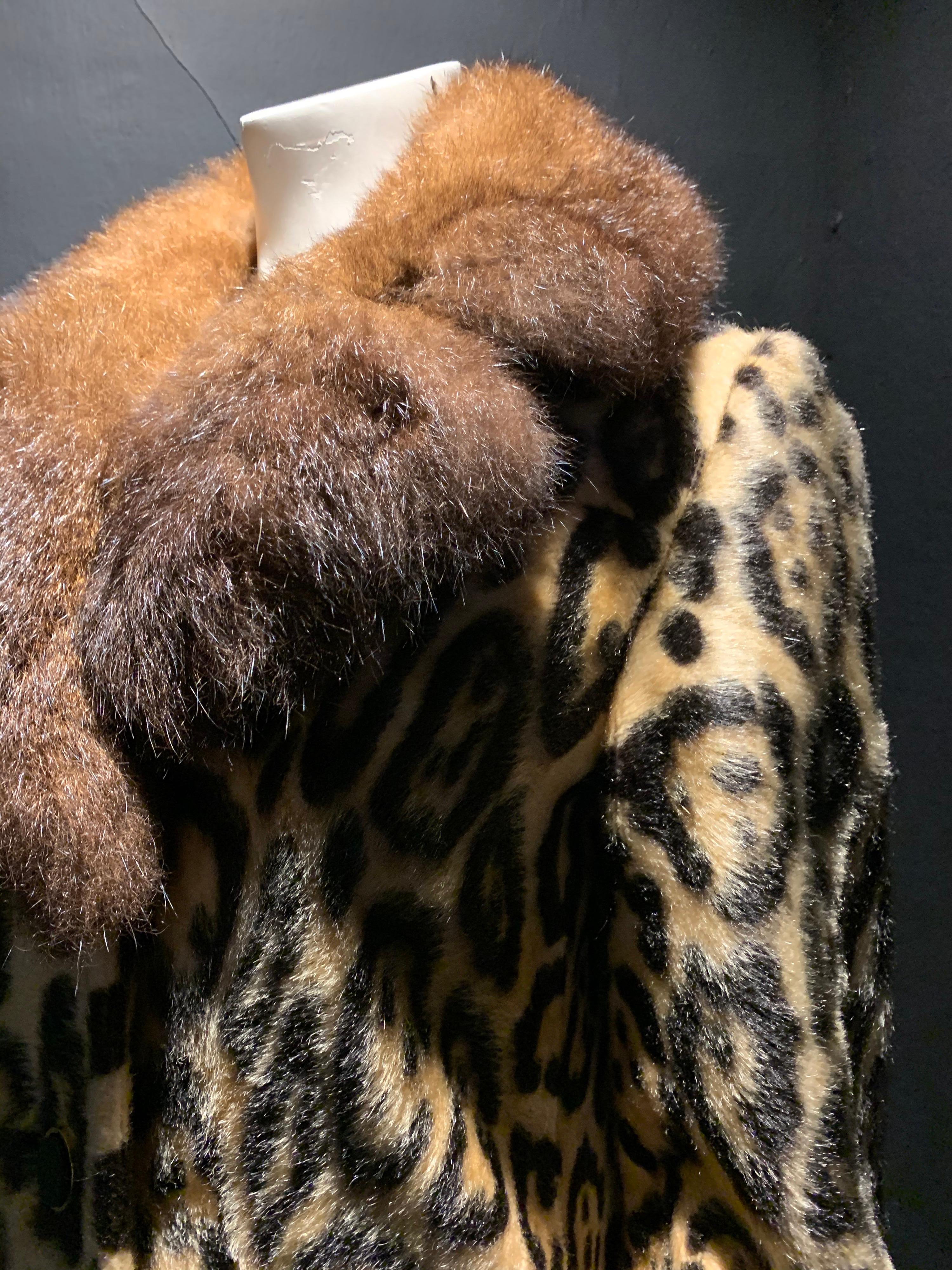 1960s Robert Meshekoff Faux Leopard Double Breasted Coat W/ Possum Fur Collar For Sale 3