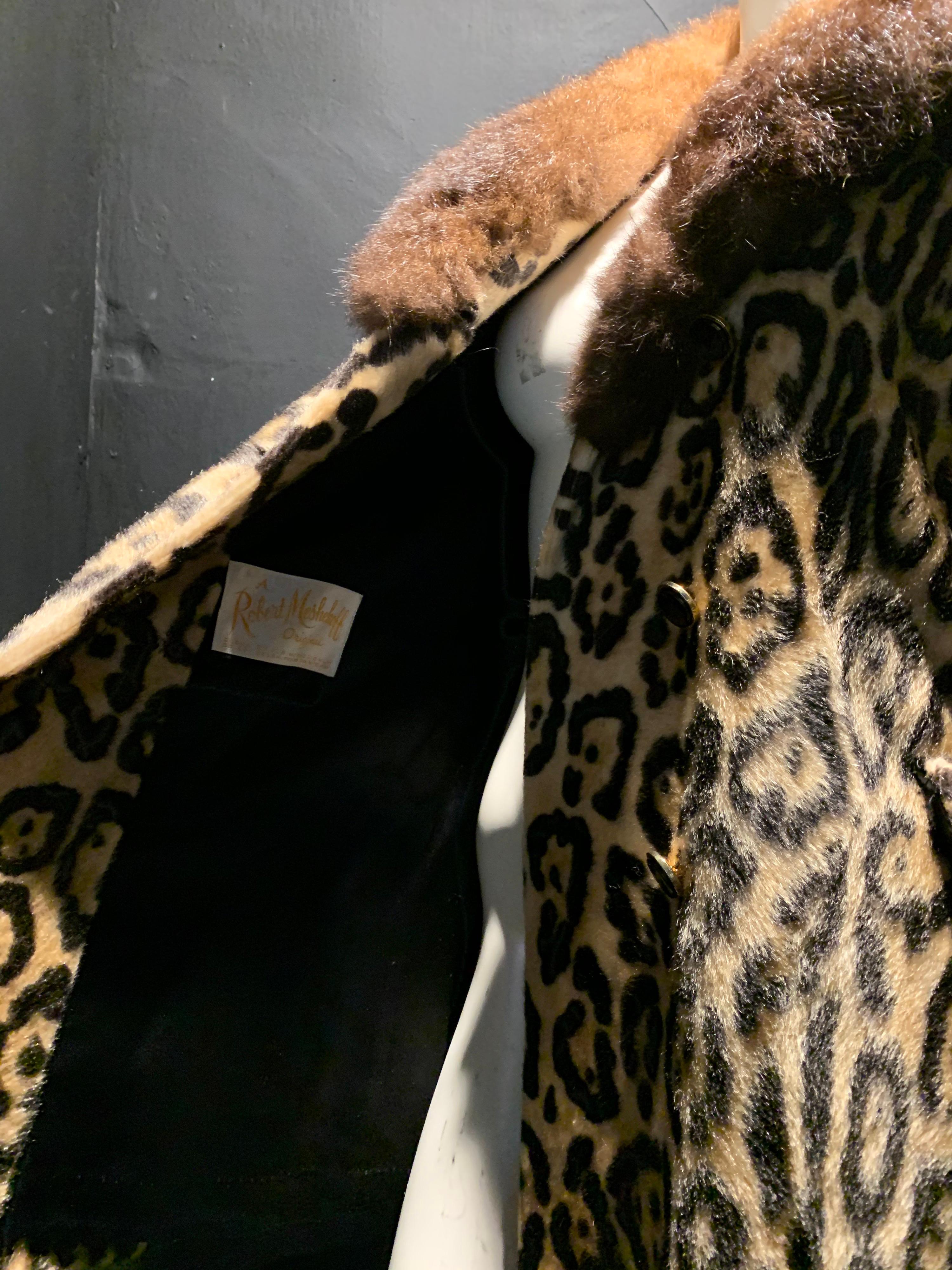 1960s Robert Meshekoff Faux Leopard Double Breasted Coat W/ Possum Fur Collar For Sale 5