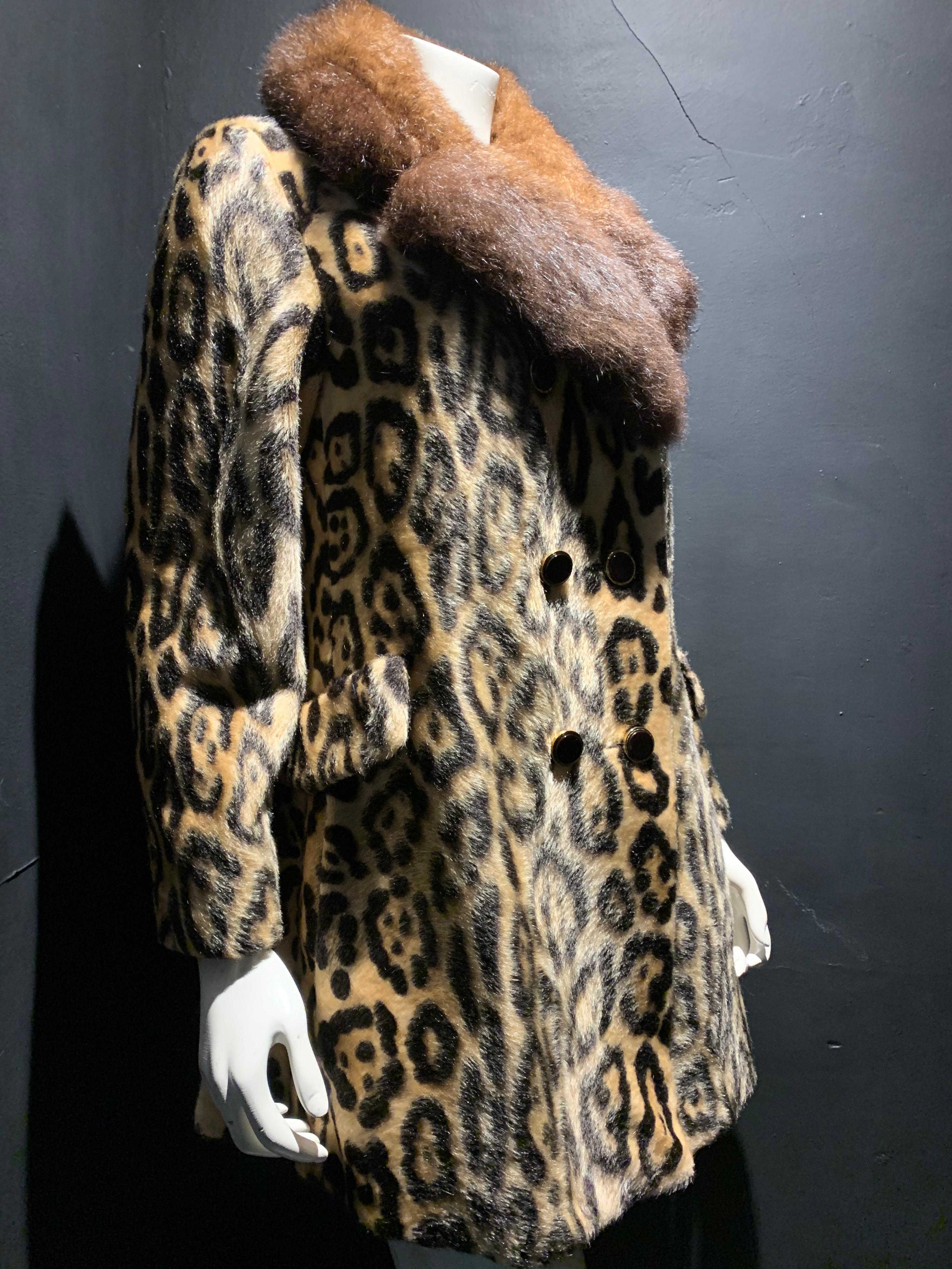 1960s Robert Meshekoff faux leopard fur Mod pea coat-styled double breasted coat with genuine possum notched collar. Black and gold decorative buttons. Vented back. 