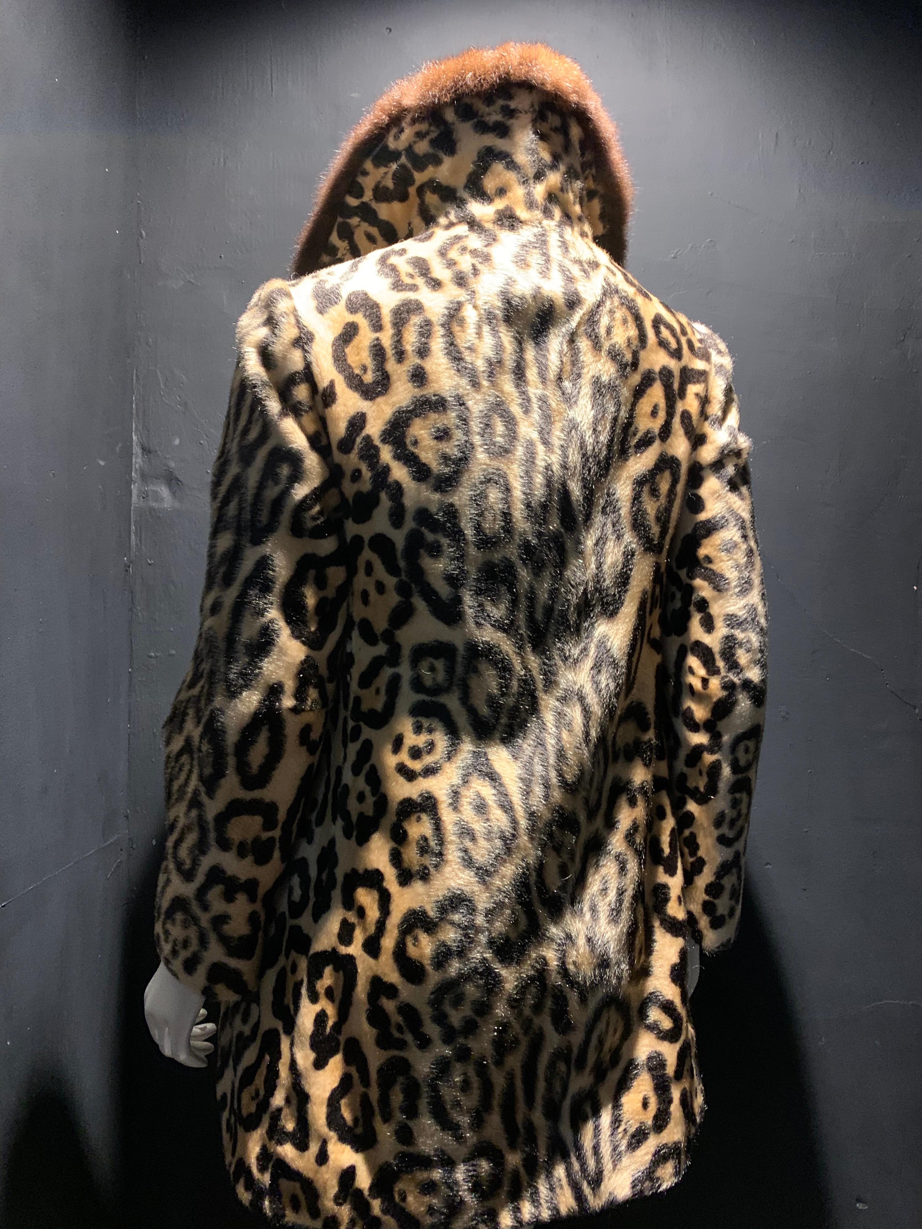 Black 1960s Robert Meshekoff Faux Leopard Double Breasted Coat W/ Possum Fur Collar For Sale