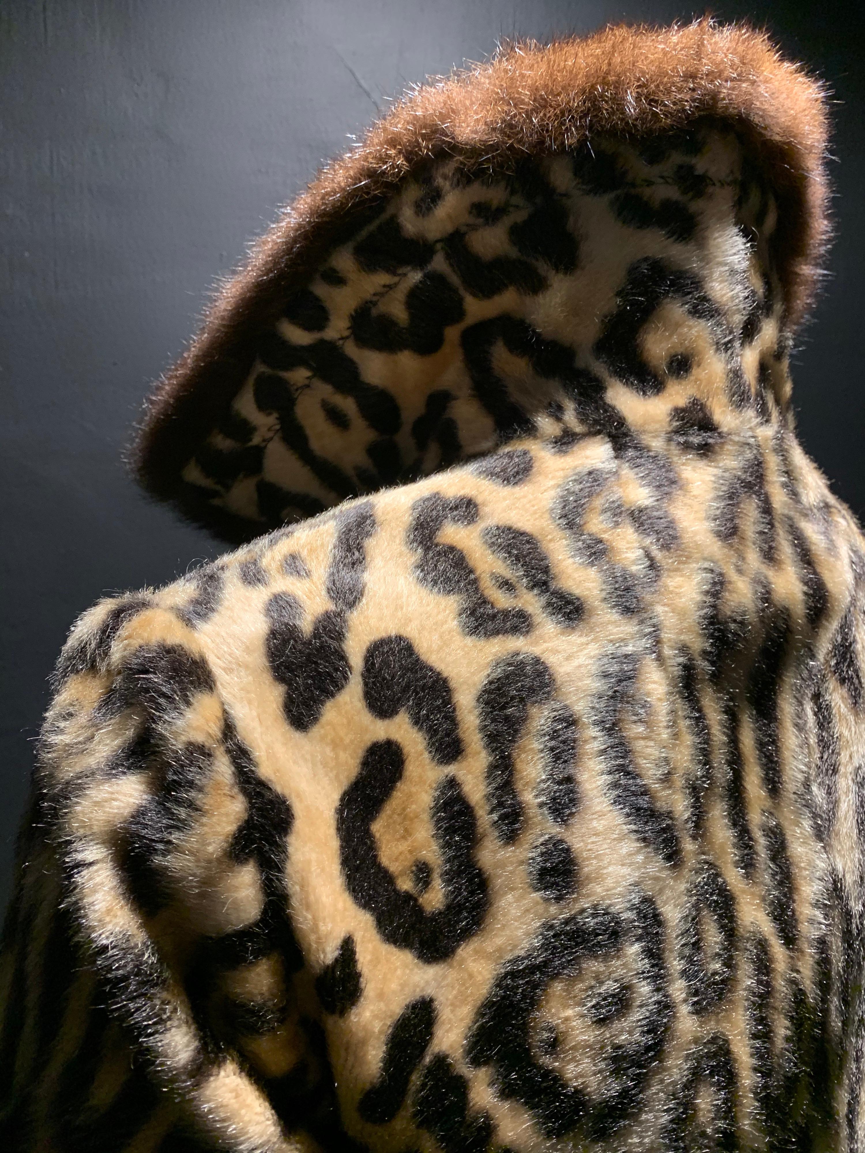 1960s Robert Meshekoff Faux Leopard Double Breasted Coat W/ Possum Fur Collar In Excellent Condition For Sale In Gresham, OR