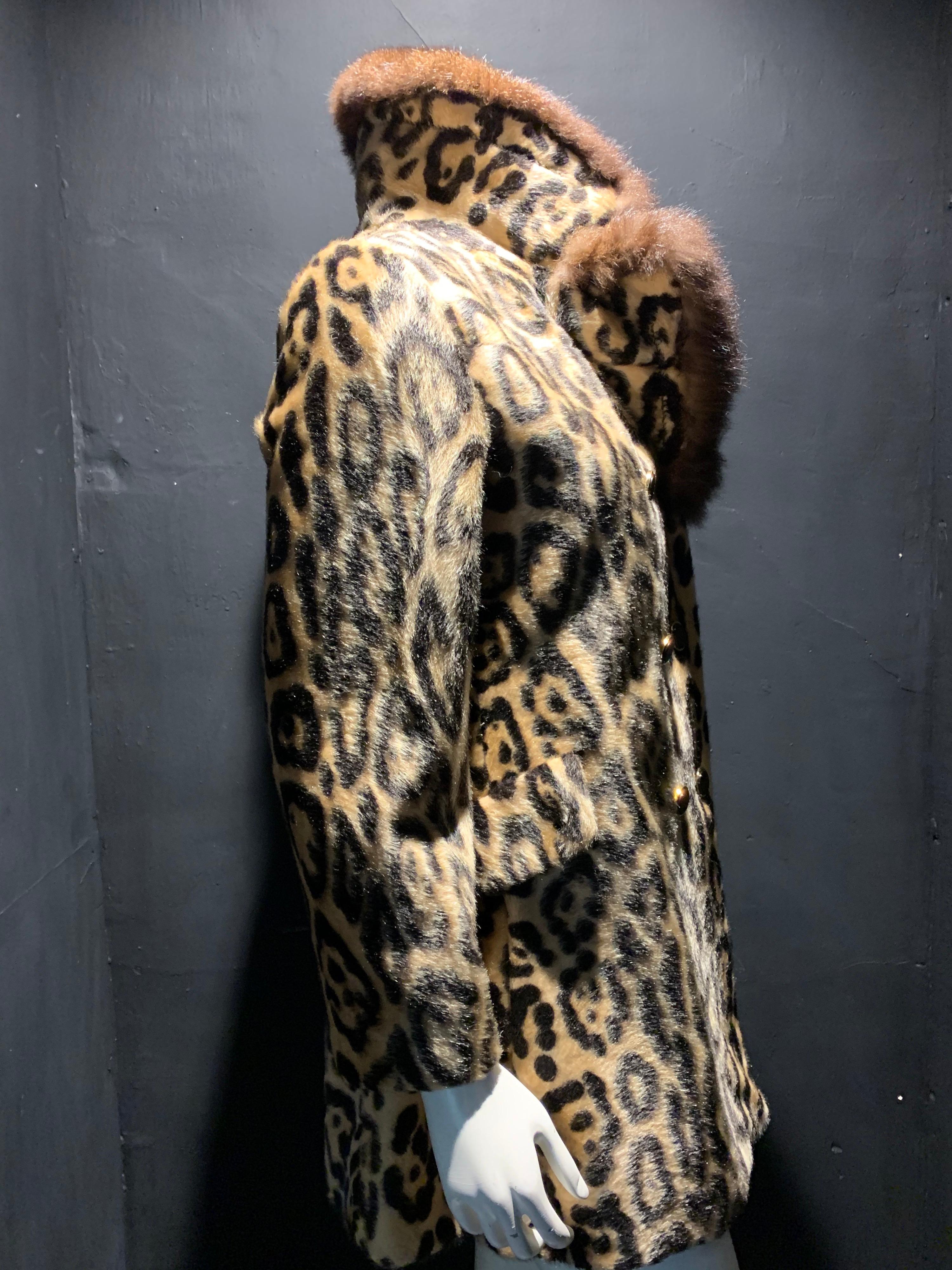 Women's 1960s Robert Meshekoff Faux Leopard Double Breasted Coat W/ Possum Fur Collar For Sale