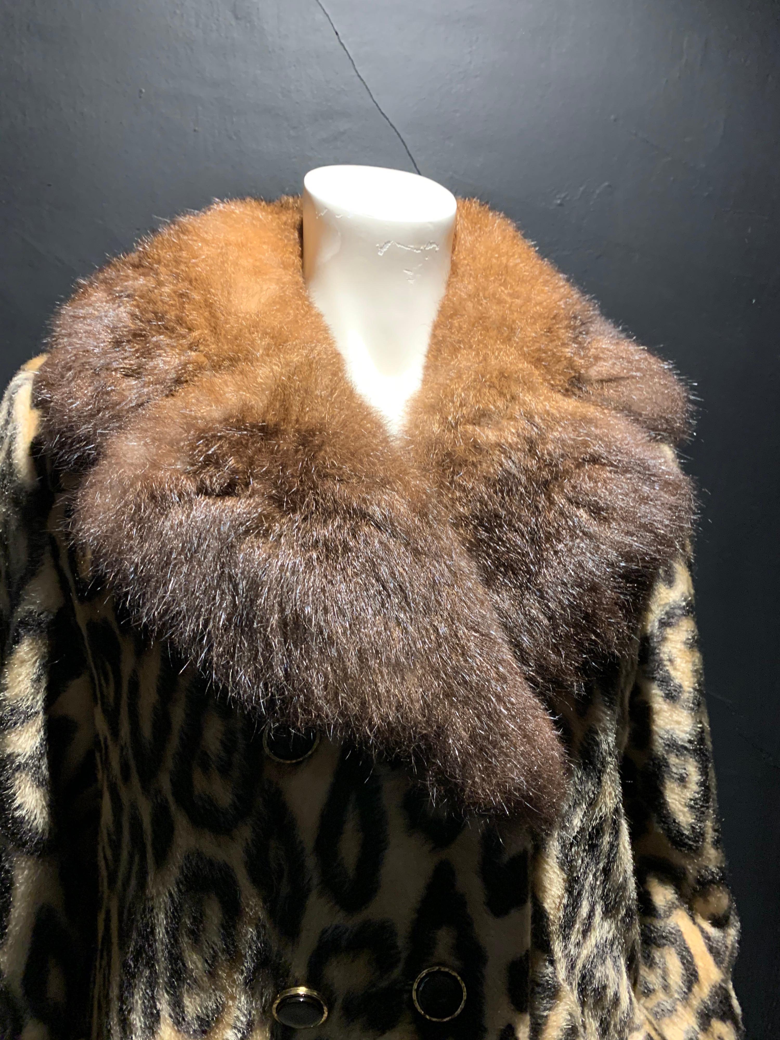 1960s Robert Meshekoff Faux Leopard Double Breasted Coat W/ Possum Fur Collar For Sale 1