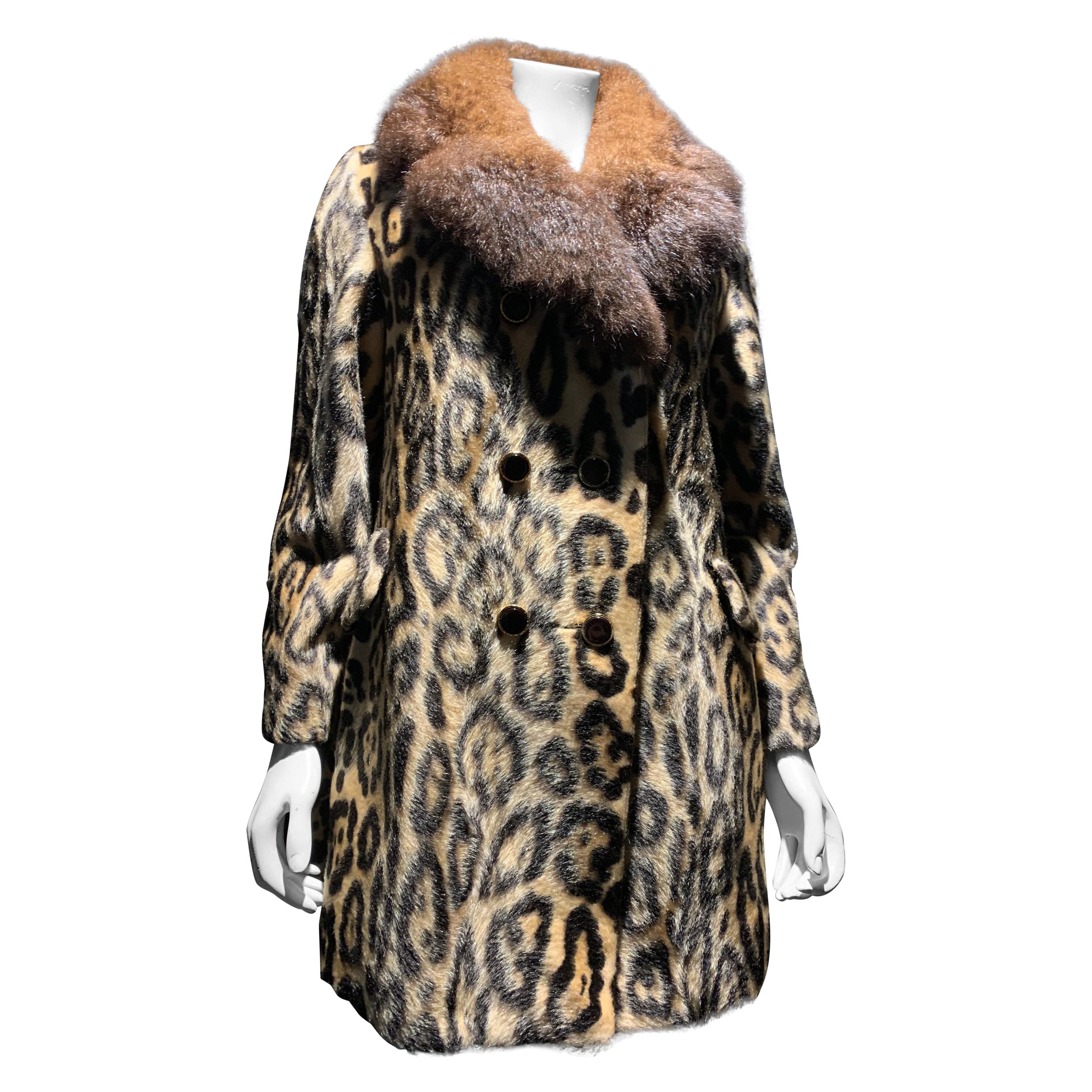 1960s Robert Meshekoff Faux Leopard Double Breasted Coat W/ Possum Fur Collar For Sale