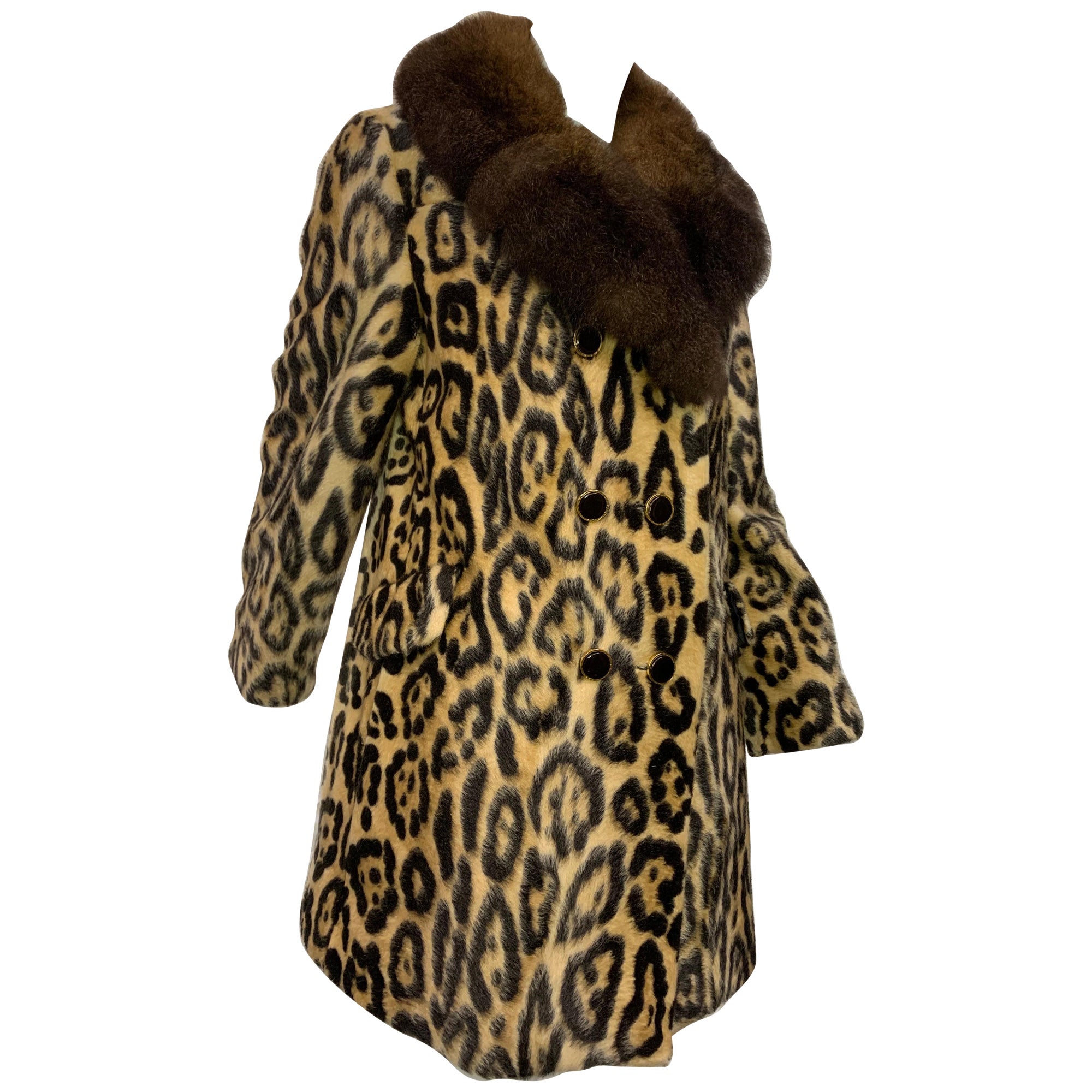1960's Robert Thekoff Faux Leopard Fur Double-Breasted Coat w Lush Fur Collar
