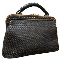 1960s Roberta Di Camerino Brown-Black Woven Leather Handbag w Bronze Stud Frame