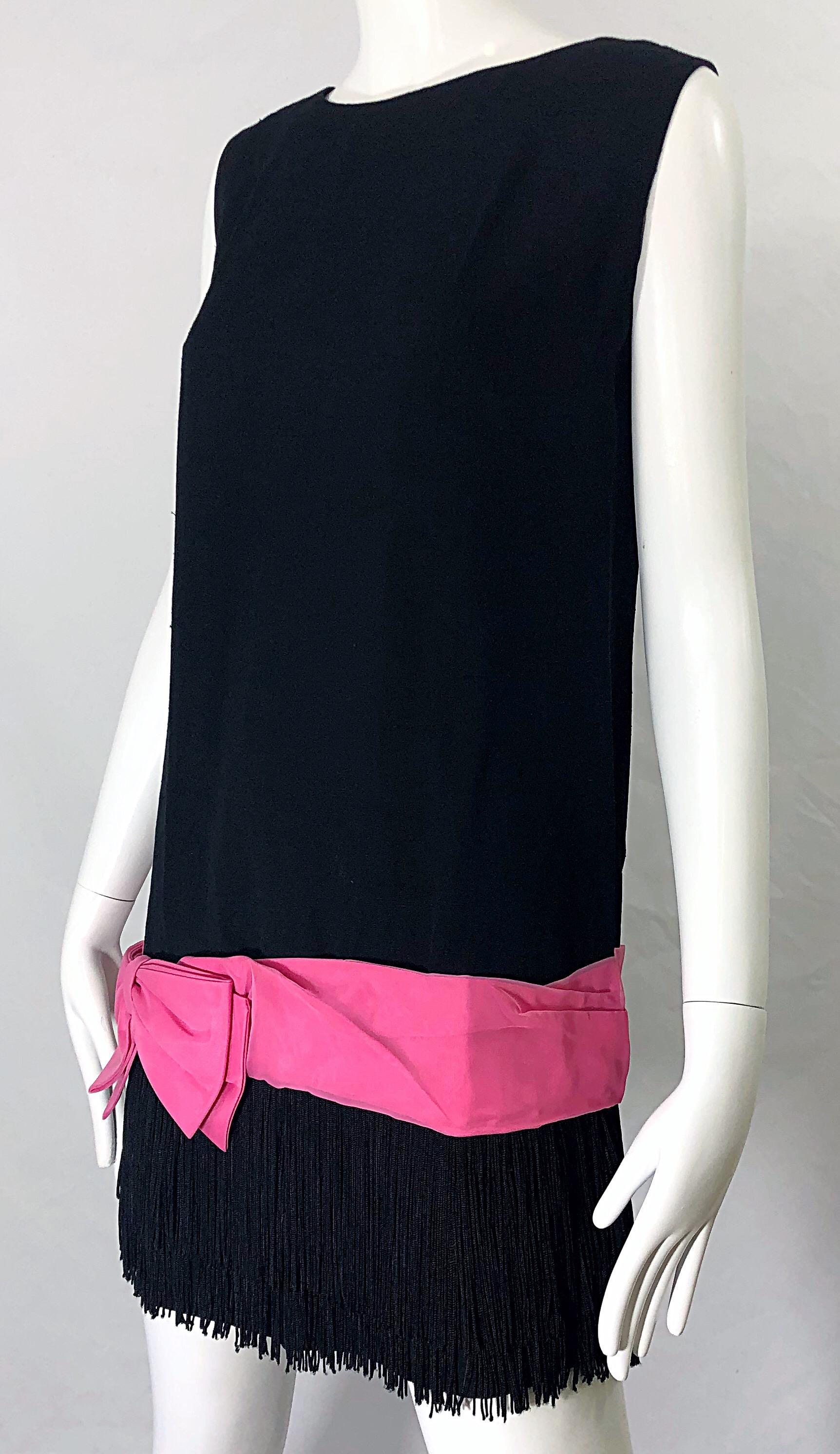 1960s Roberta Lynn Black Pink Silk and Linen Fringe Vintage 60s Mini Shift Dress 6