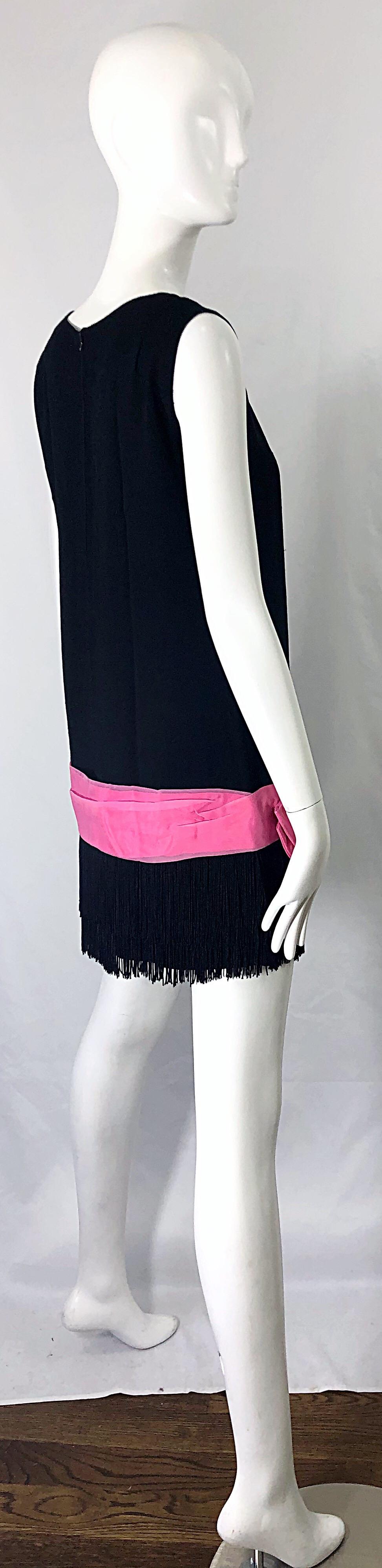 1960s Roberta Lynn Black Pink Silk and Linen Fringe Vintage 60s Mini Shift Dress 9