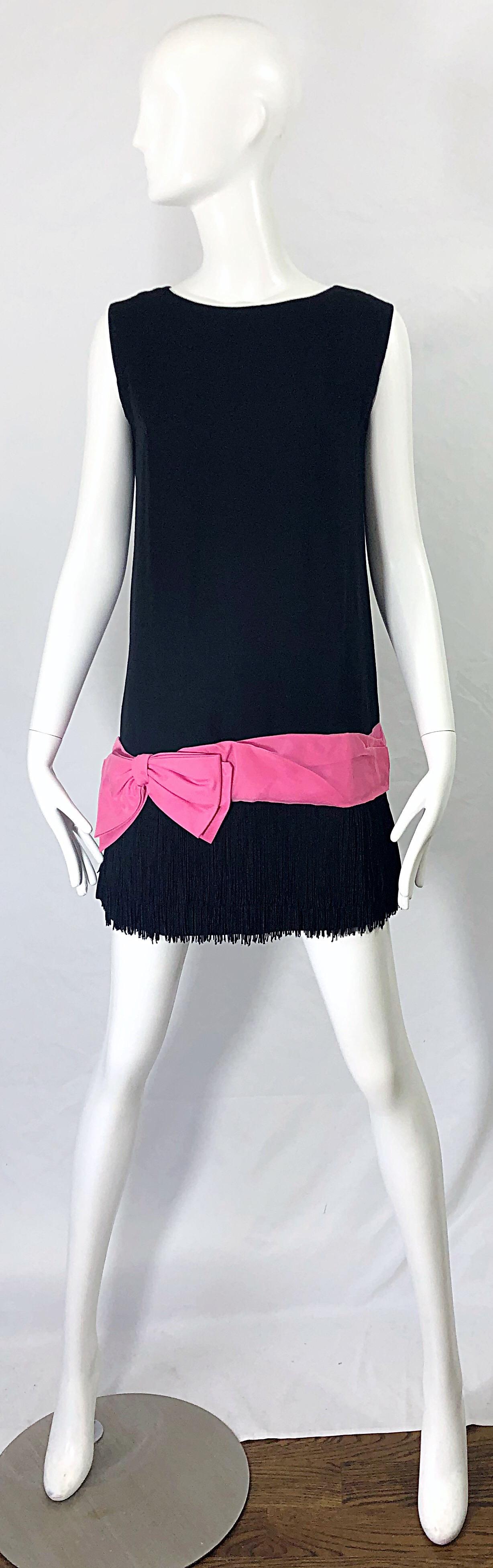 1960s Roberta Lynn Black Pink Silk and Linen Fringe Vintage 60s Mini Shift Dress 10