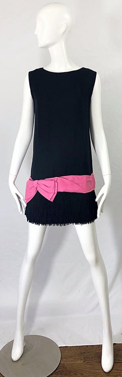 1960s Roberta Lynn Black Pink Silk and Linen Fringe Vintage 60s Mini Shift Dress