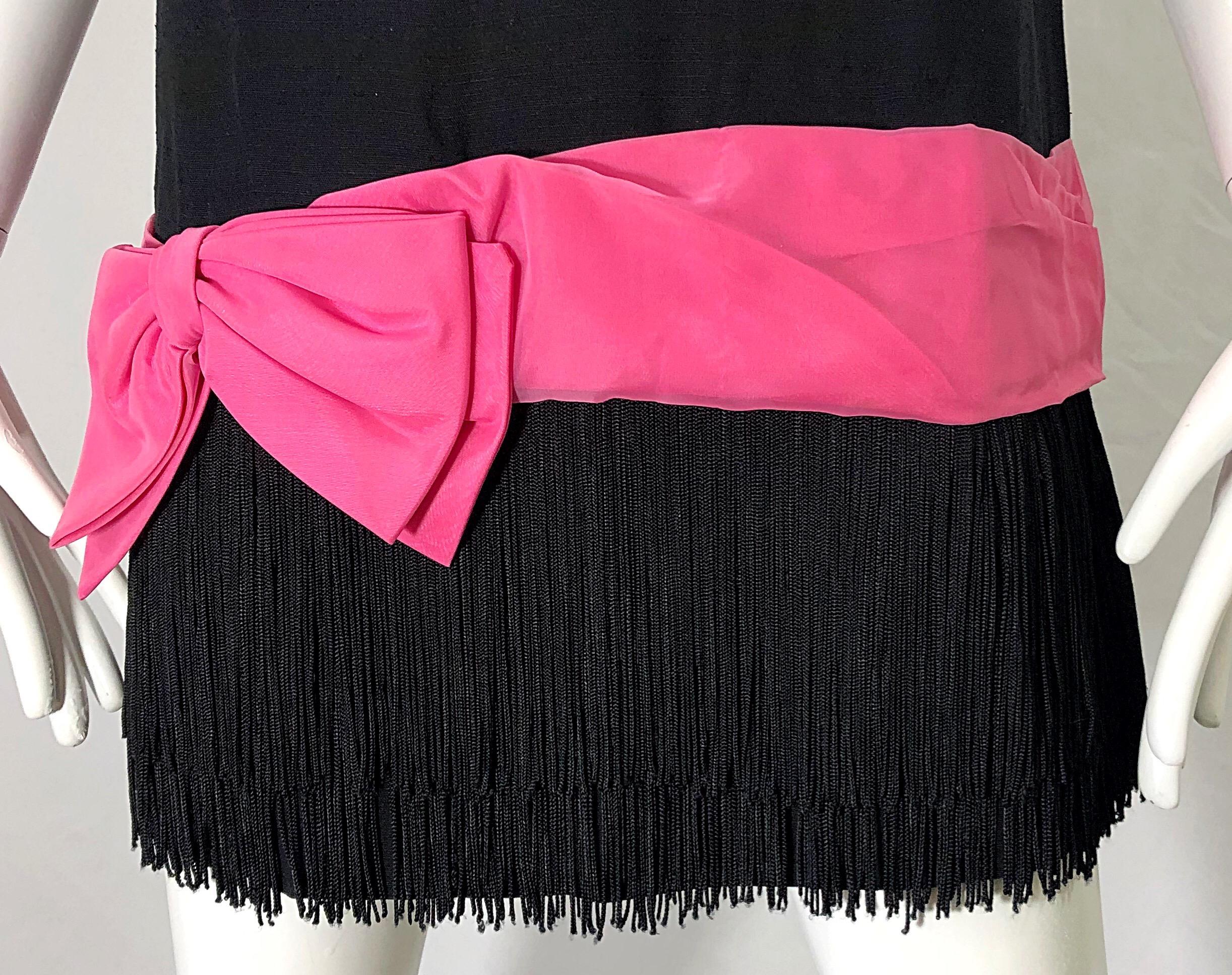 1960s Roberta Lynn Black Pink Silk and Linen Fringe Vintage 60s Mini Shift Dress 1