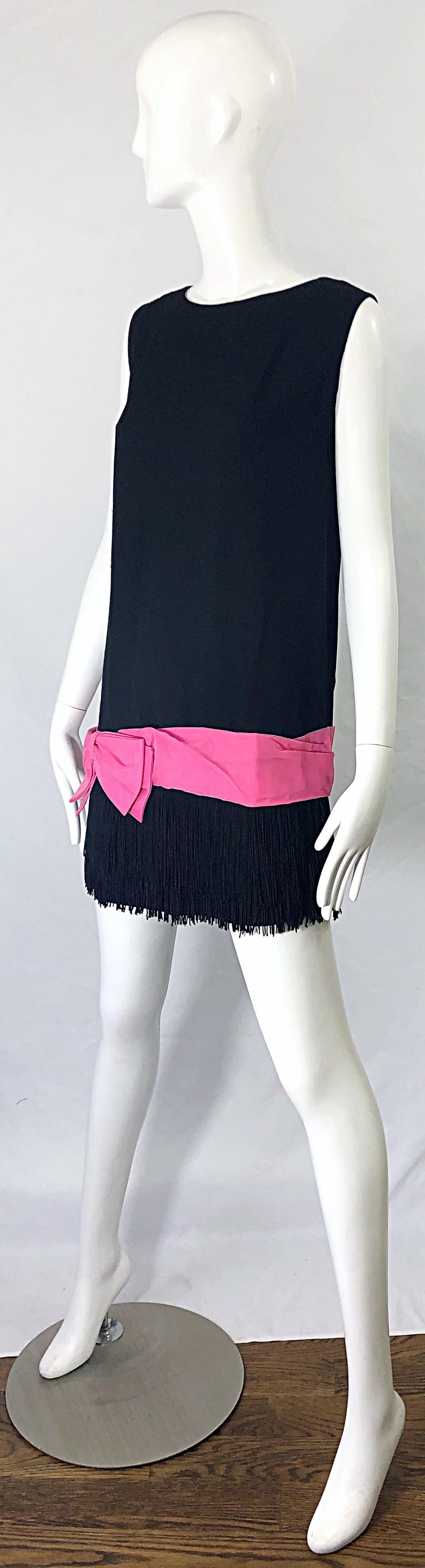 1960s Roberta Lynn Black Pink Silk and Linen Fringe Vintage 60s Mini Shift Dress 2