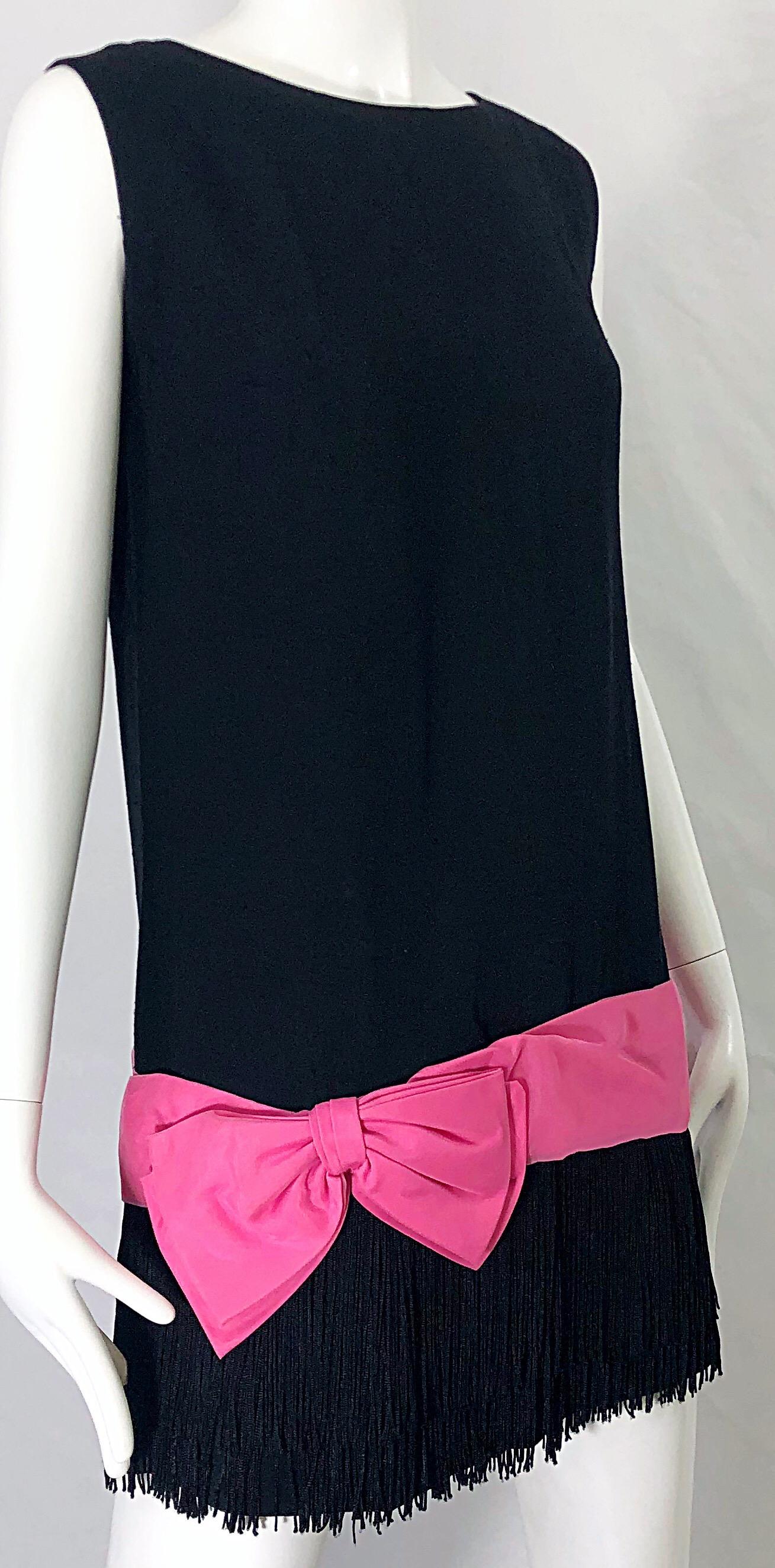 1960s Roberta Lynn Black Pink Silk and Linen Fringe Vintage 60s Mini Shift Dress 3