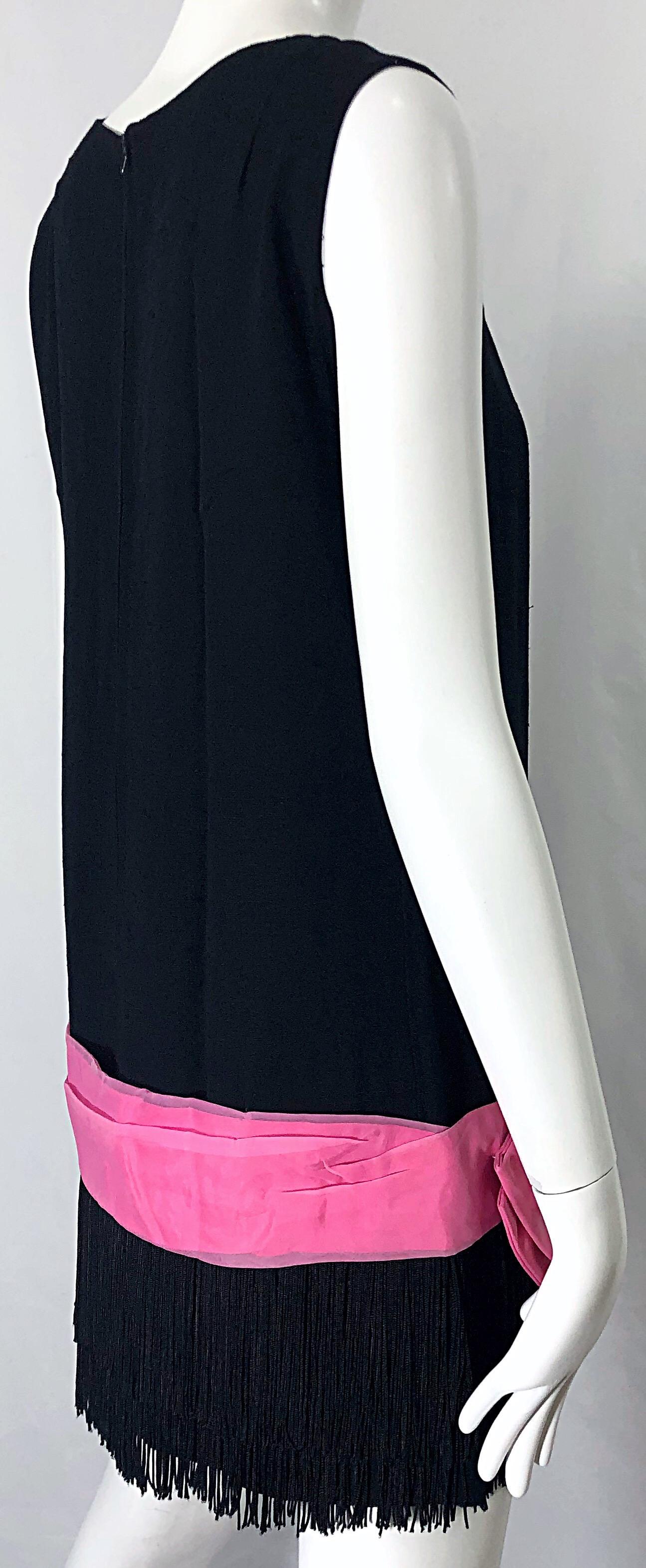 1960s Roberta Lynn Black Pink Silk and Linen Fringe Vintage 60s Mini Shift Dress 4