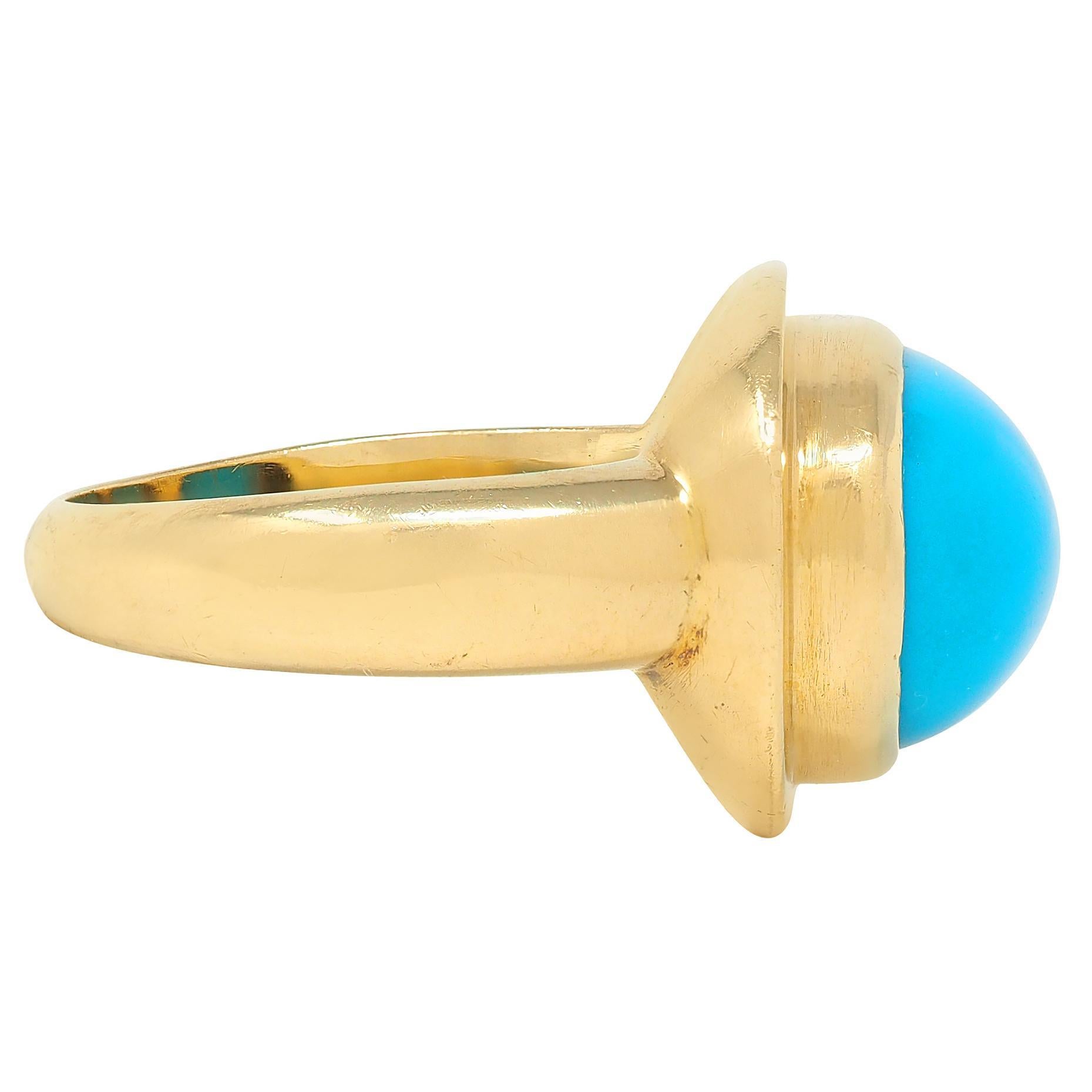 Moderne 1960's Robin's Egg Turquoise or jaune 18 carats Vintage Cabochon Ring en vente