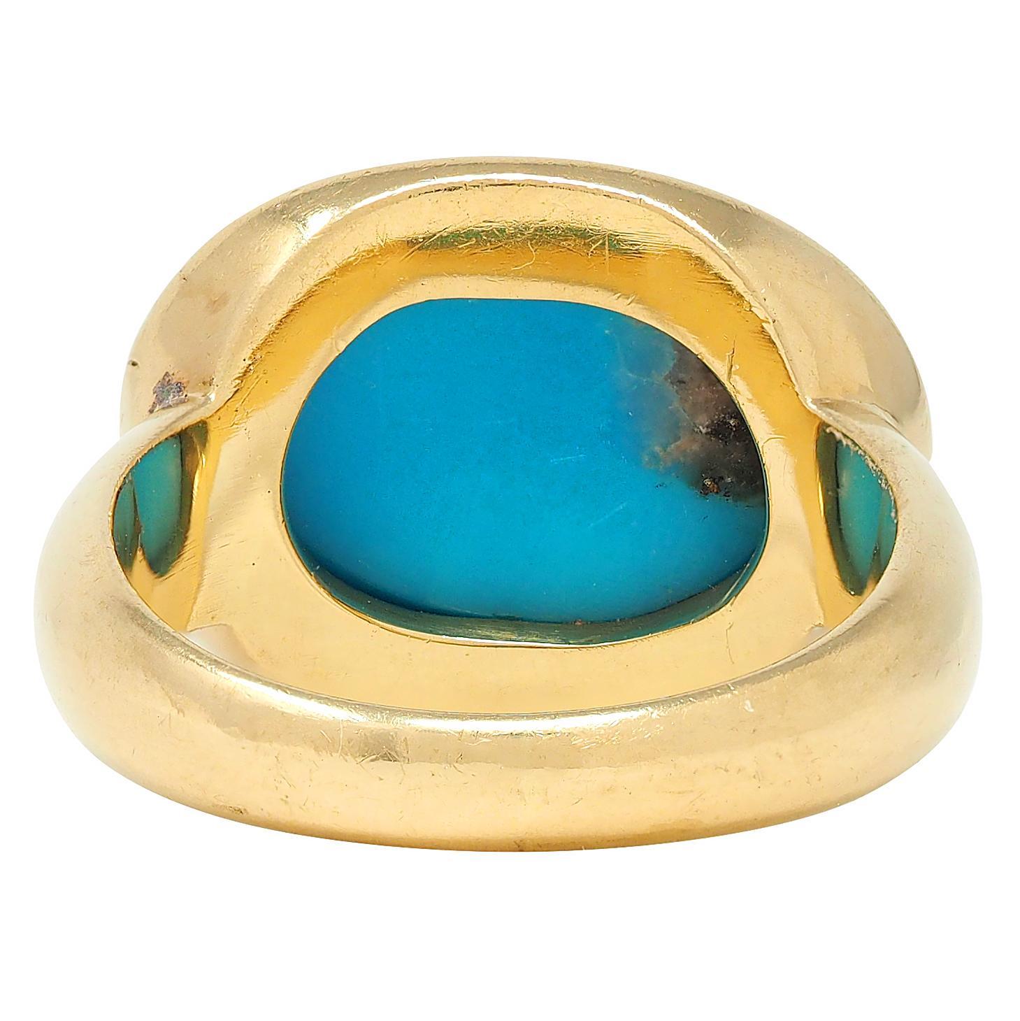 Taille cabochon 1960's Robin's Egg Turquoise or jaune 18 carats Vintage Cabochon Ring en vente