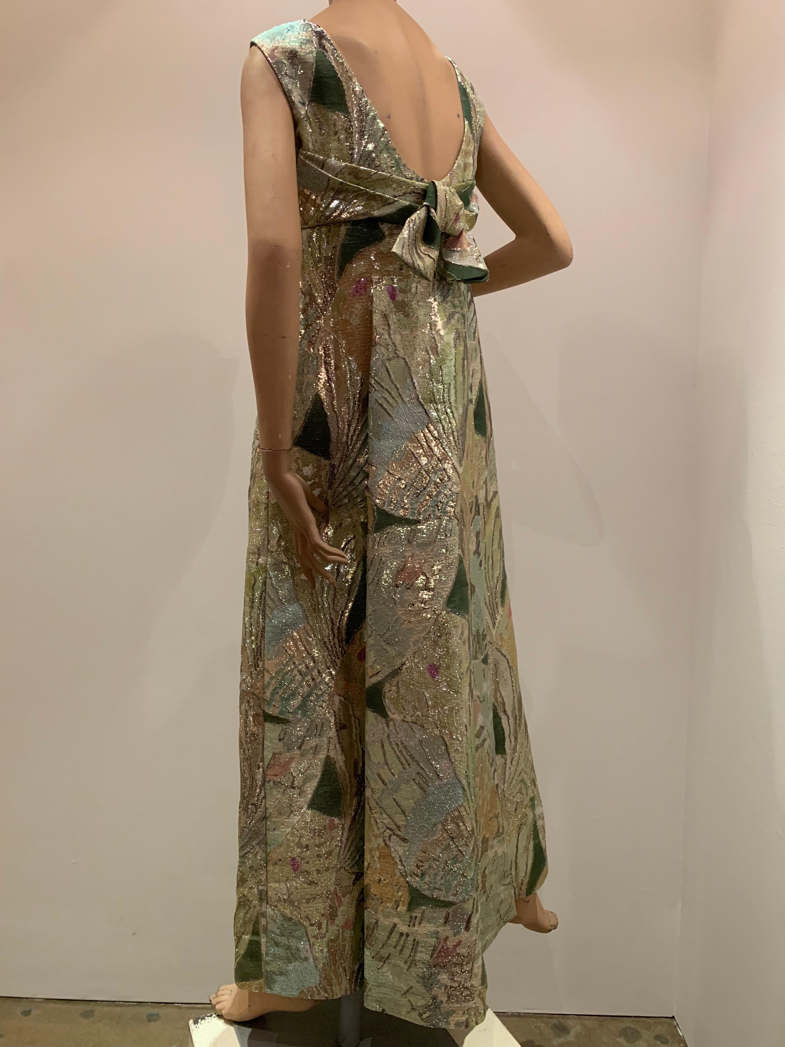 Brown 1960s Rochá  Butterfly Wing Patterned Lamé Brocade Empire Evening Gown W/ Bow