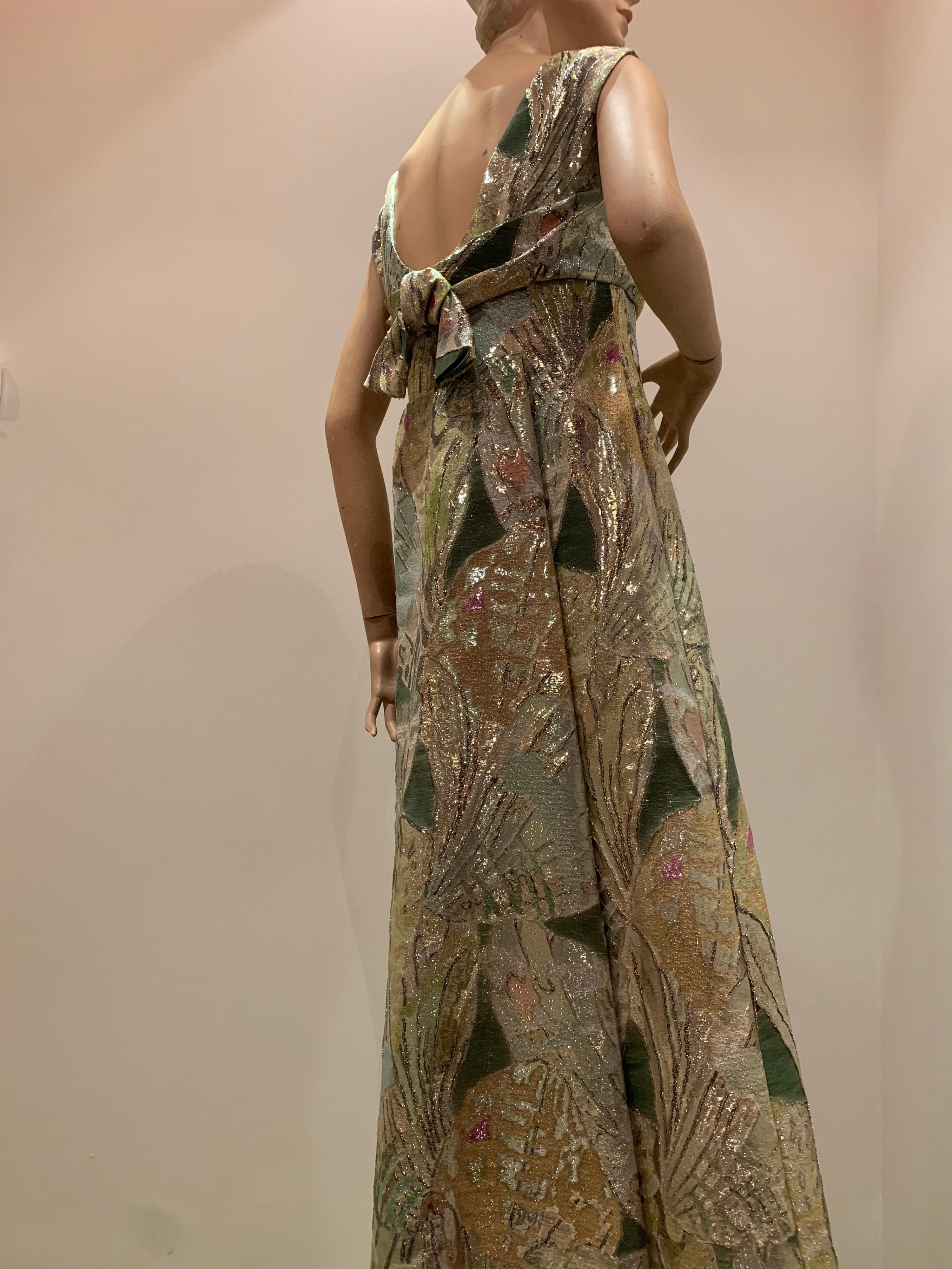 1960s Rochá  Butterfly Wing Patterned Lamé Brocade Empire Evening Gown W/ Bow 1