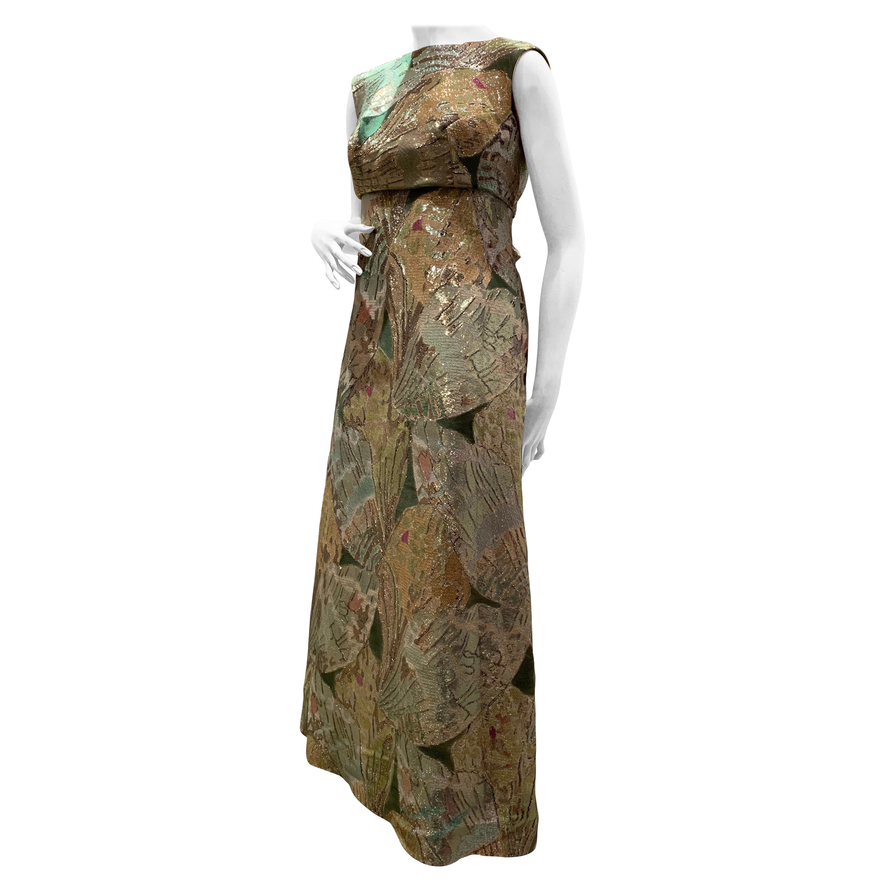 1960s Rochá  Butterfly Wing Patterned Lamé Brocade Empire Evening Gown W/ Bow