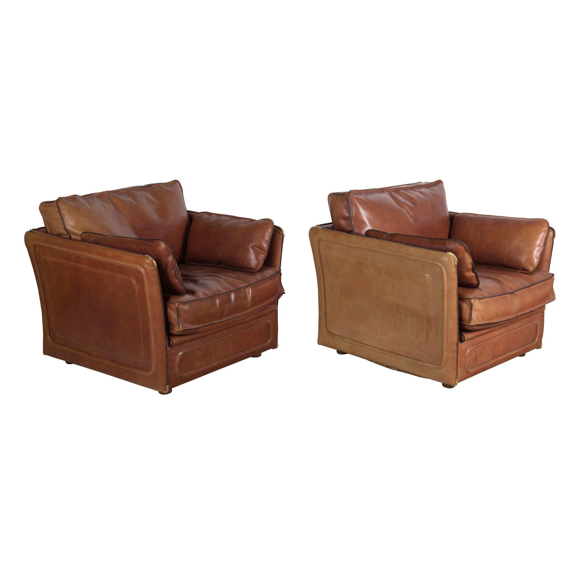 Mid-Century Modern 1960s Roche Bobois Chestnut Leather Salon Set with Brass Detail