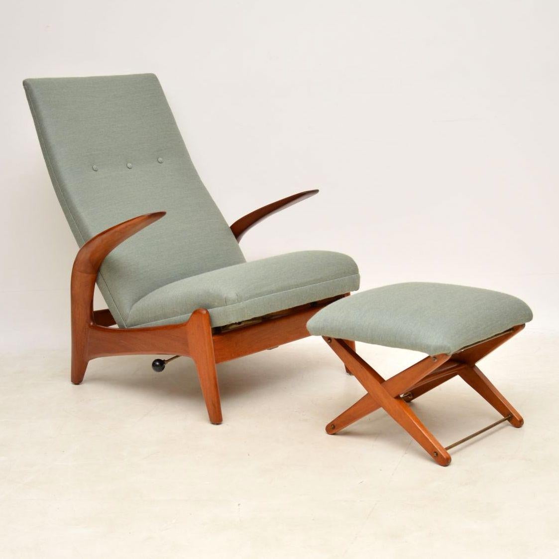 Probably the most comfortable reclining armchair you could ever find, this is a fine and rare example of a “Rock ‘n’ Rest” armchair with matching stool. These were designed by Rastad & Relling and made by Gimson & Slater in the 1960s. You won’t find