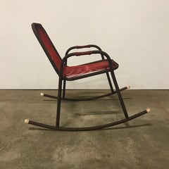1960s Rocking Chair in Red Plastic Strings on Black Metal Frame