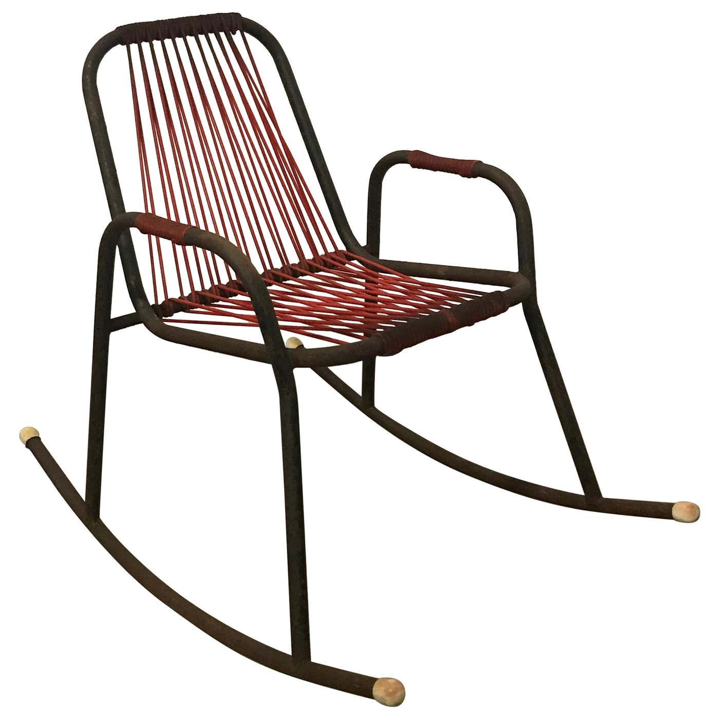 1960s Rocking Chair in Red Plastic Strings on Black Metal Frame For ...