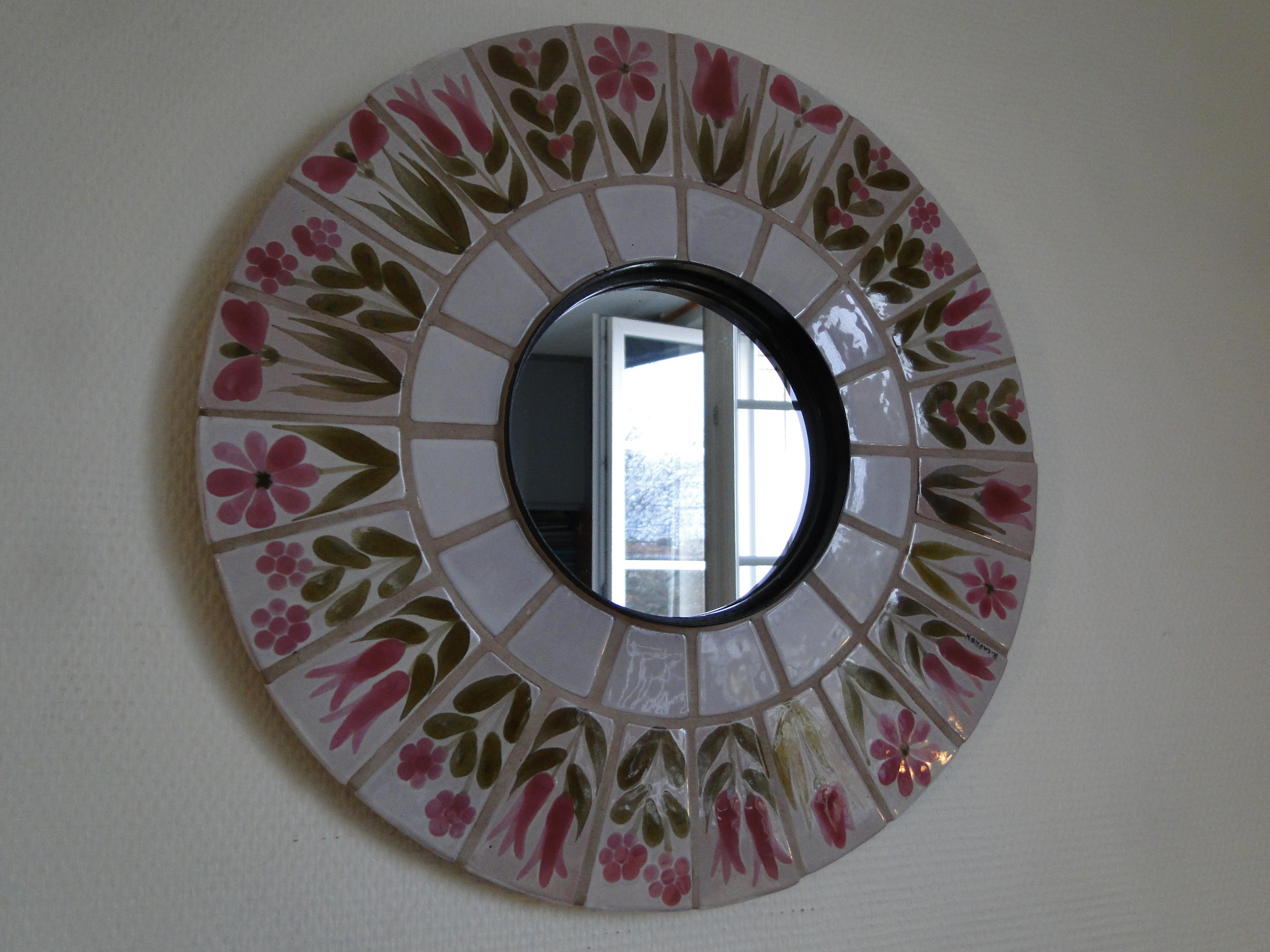  Roger Capron Mirror Signed French Round Ceramic  In Good Condition In Lège Cap Ferret, FR