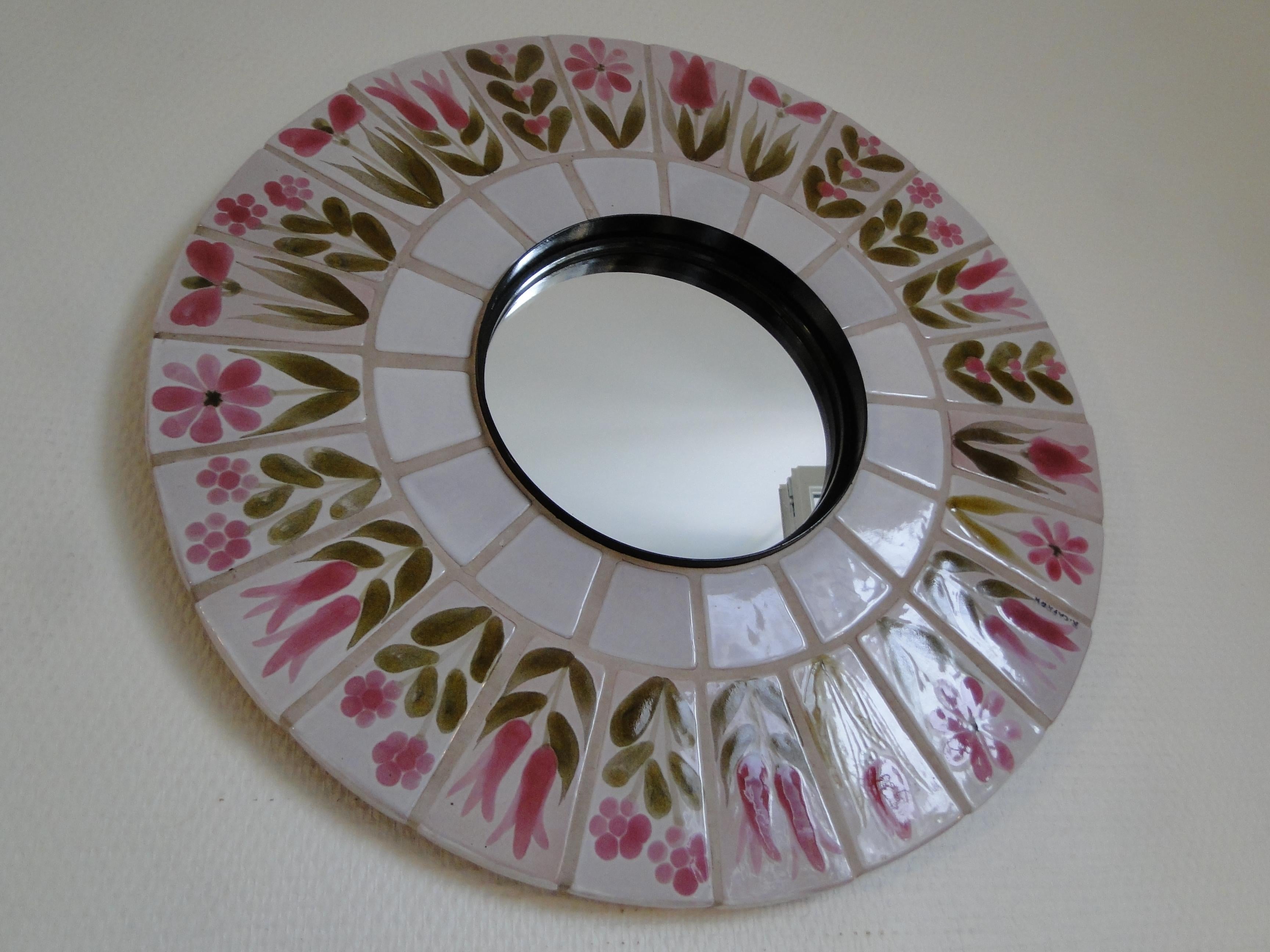 20th Century  Roger Capron Mirror Signed French Round Ceramic 