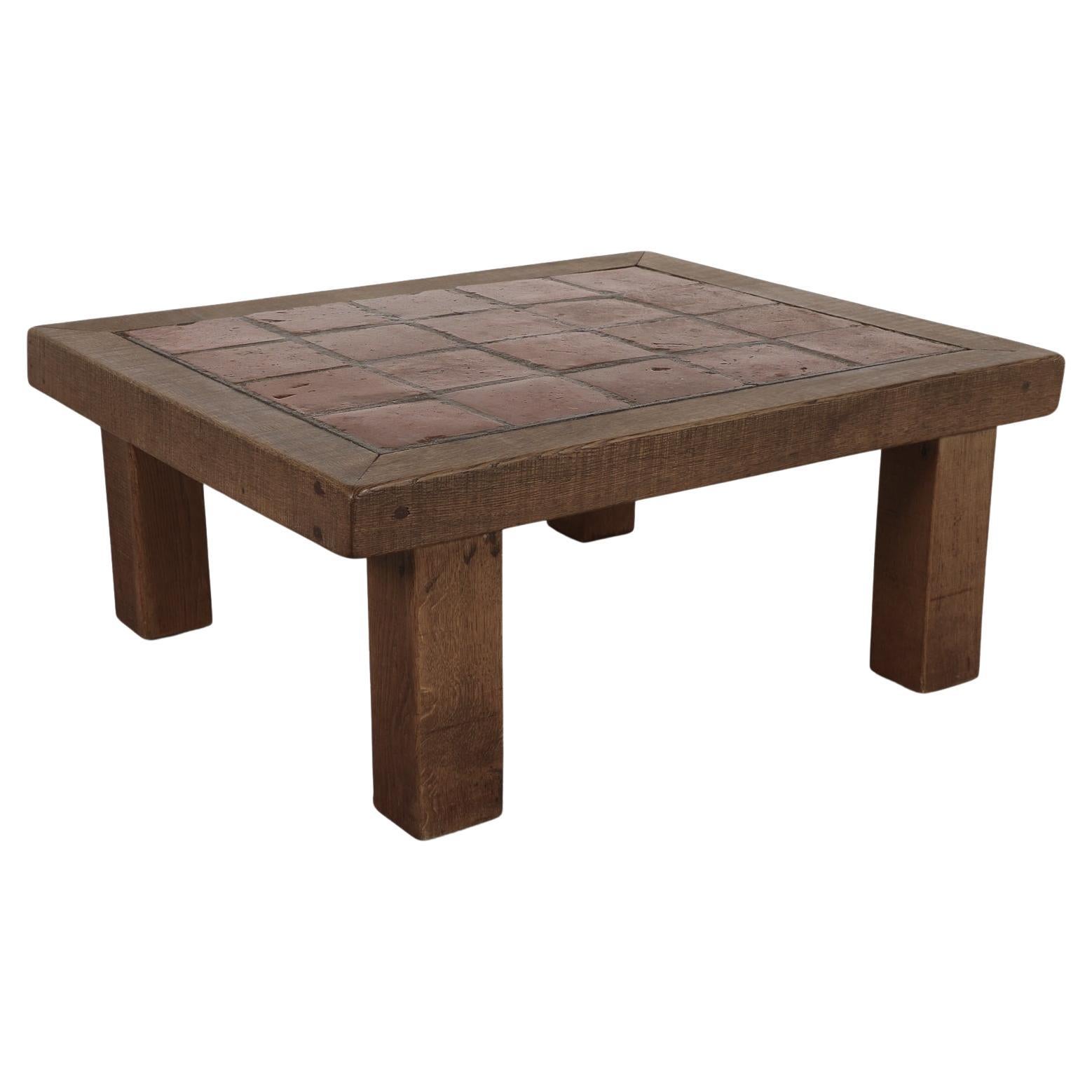1960s Roger Capron Style Brutalist Oak Coffee Table, Red Ceramic Tiles