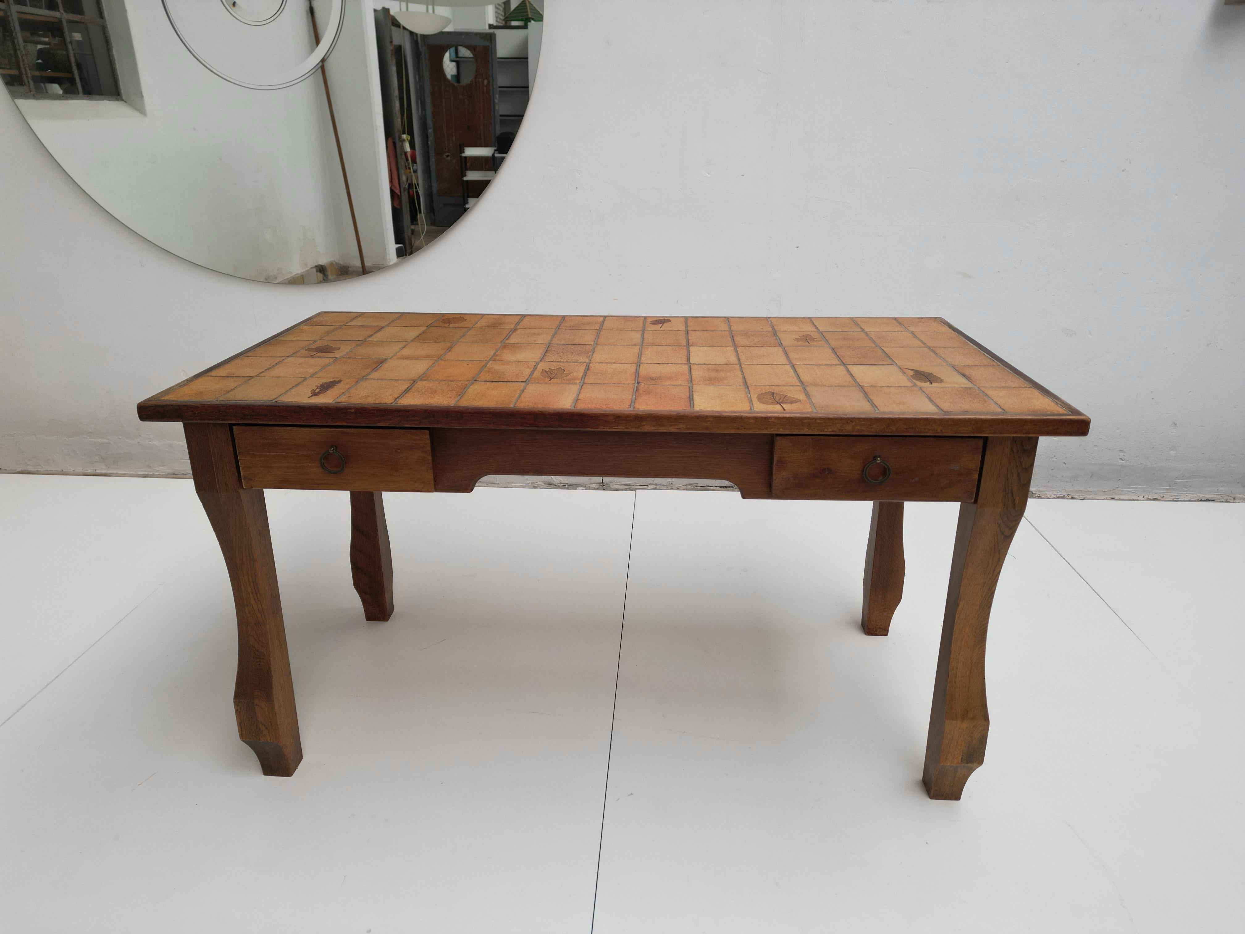 Brass 1960's Roger Capron Vallauris Ceramic Tiles & Oak Brutalist Table/Desk France For Sale
