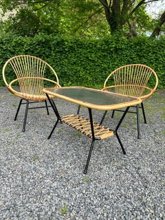 1960s Rohé Noordwolde Dutch Patio/Glashouse Set, 2 Rattan Chairs and Table
