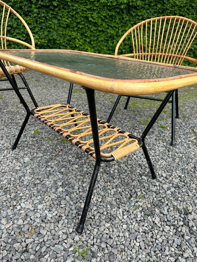 1960s Rohé Noordwolde Dutch Patio/Glashouse Set, 2 Rattan Chairs and Table In Good Condition For Sale In Achterveld, NL
