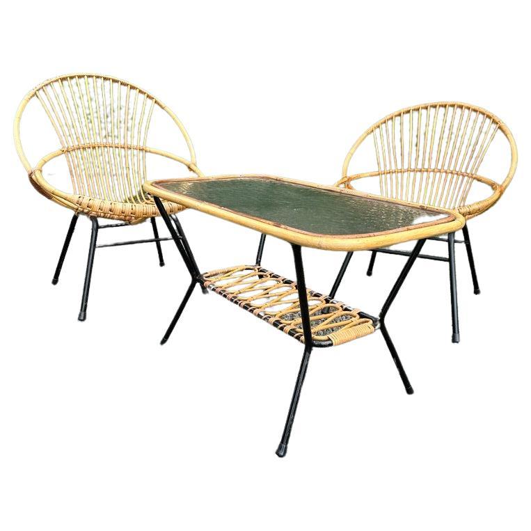 1960s Rohé Noordwolde Dutch Patio/Glashouse Set, 2 Rattan Chairs and Table For Sale