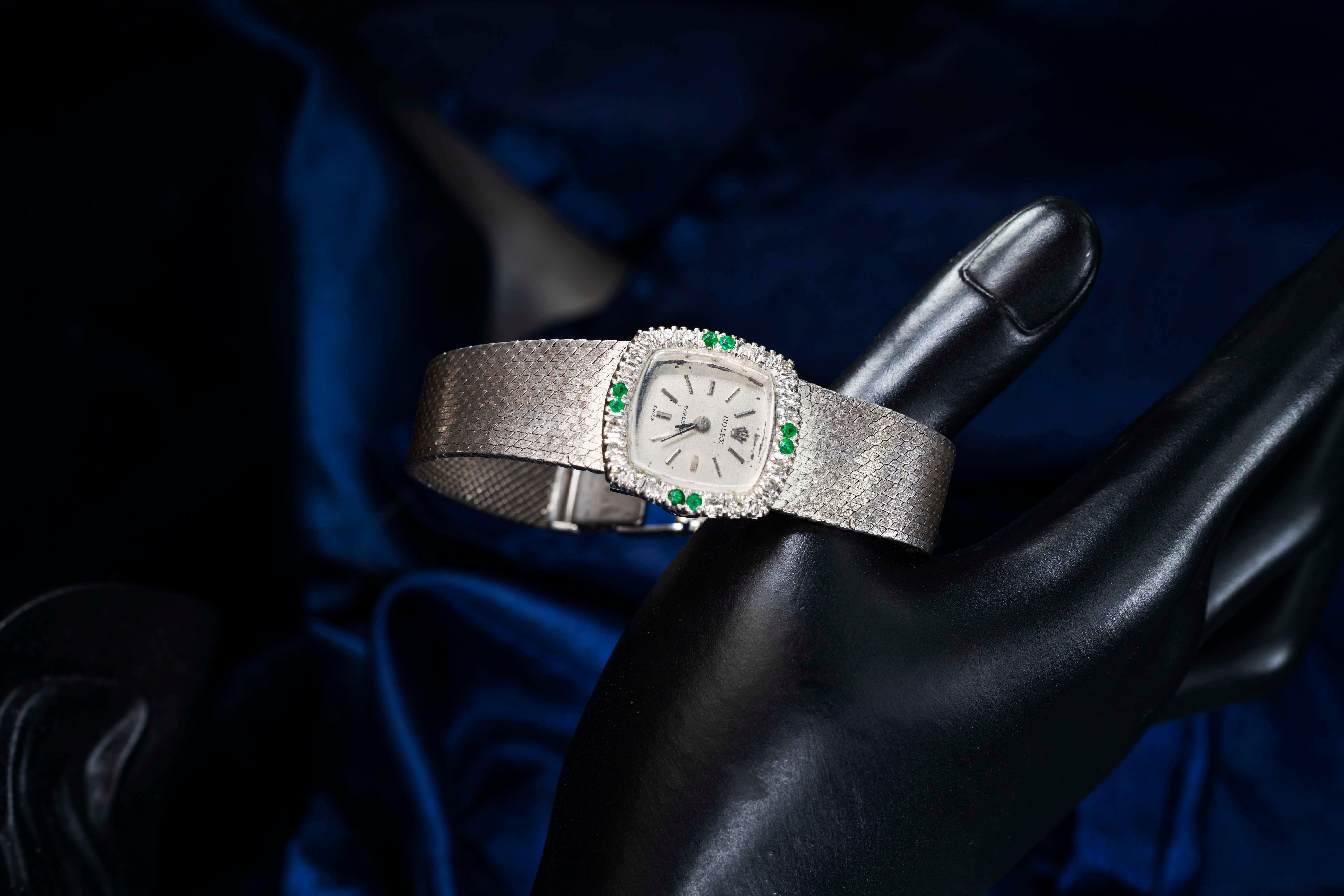 Retro 1960s Rolex 18 Karat White Gold Emerald Diamond Set Wristwatch / Bracelet Watch