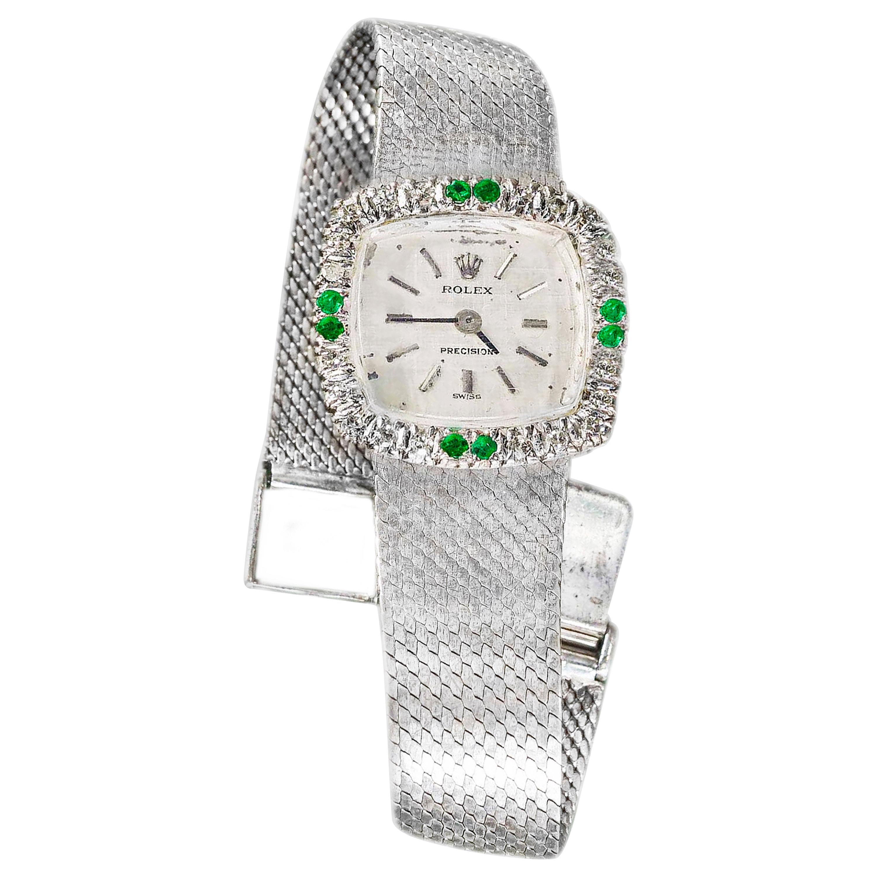 1960s Rolex 18 Karat White Gold Emerald Diamond Set Wristwatch / Bracelet Watch