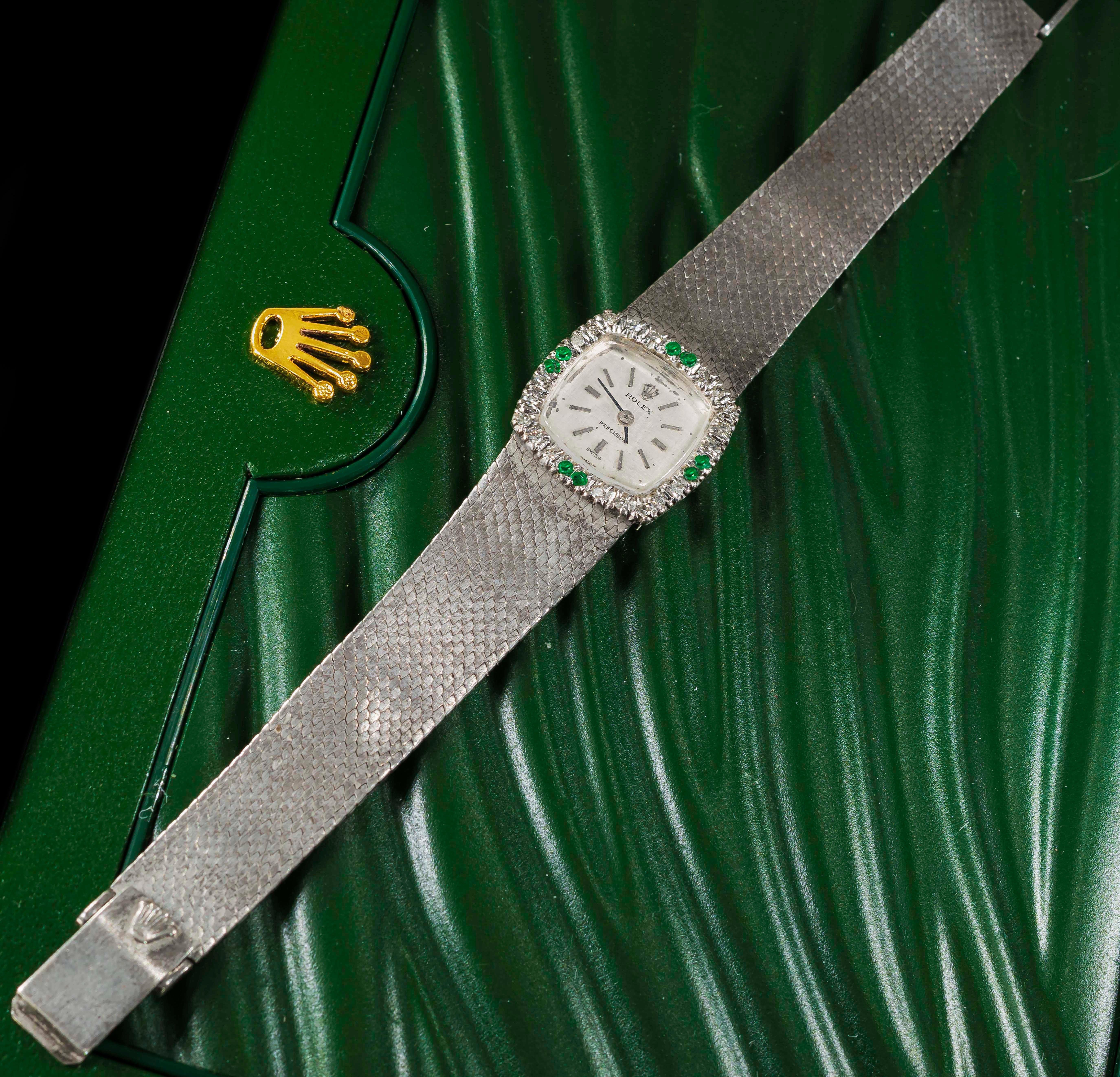 1960s Rolex 18 Karat White Gold Emerald Diamond Set Wristwatch / Bracelet Watch 5