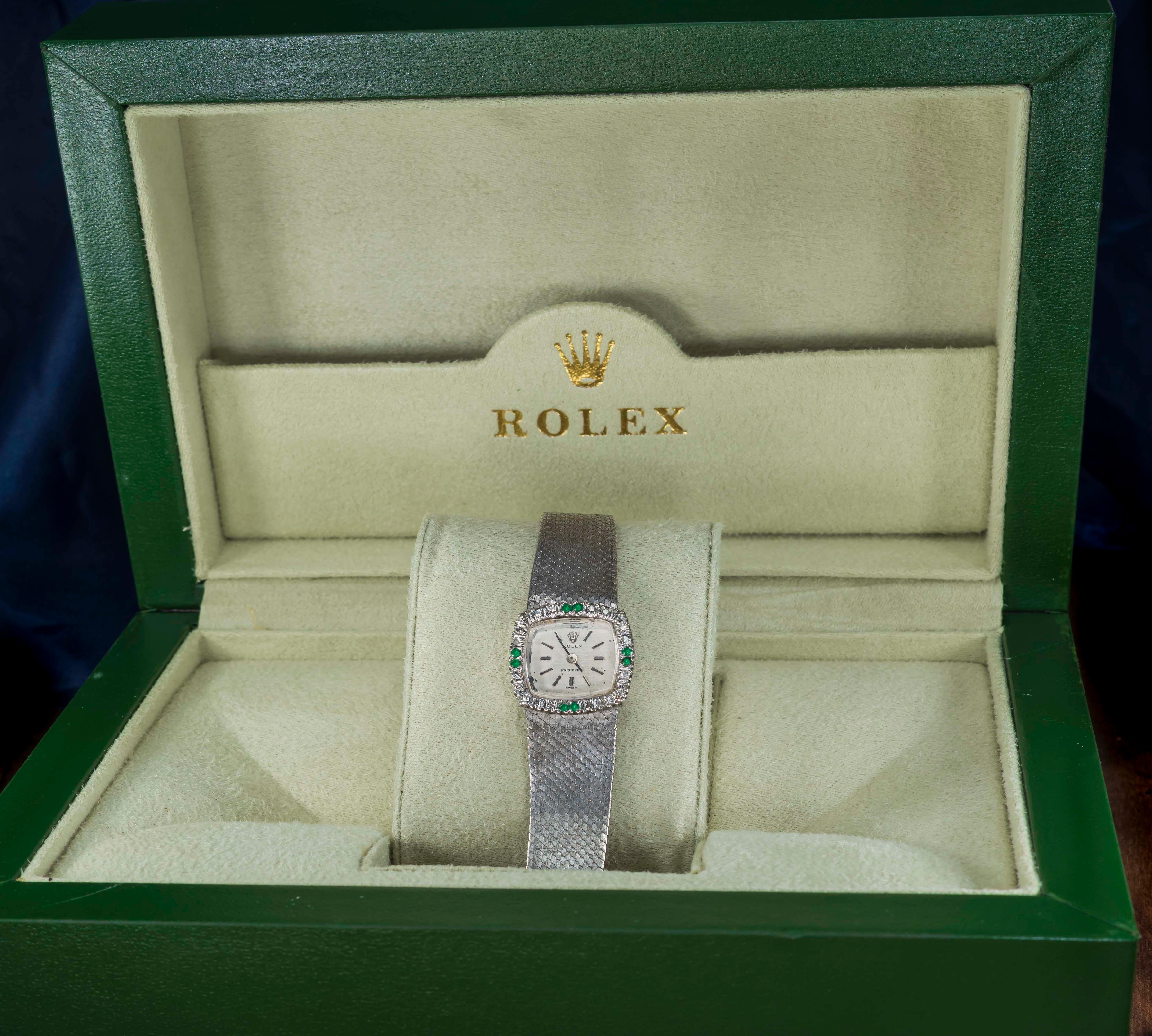 Women's or Men's 1960s Rolex 18 Karat White Gold Emerald Diamond Set Wristwatch / Bracelet Watch