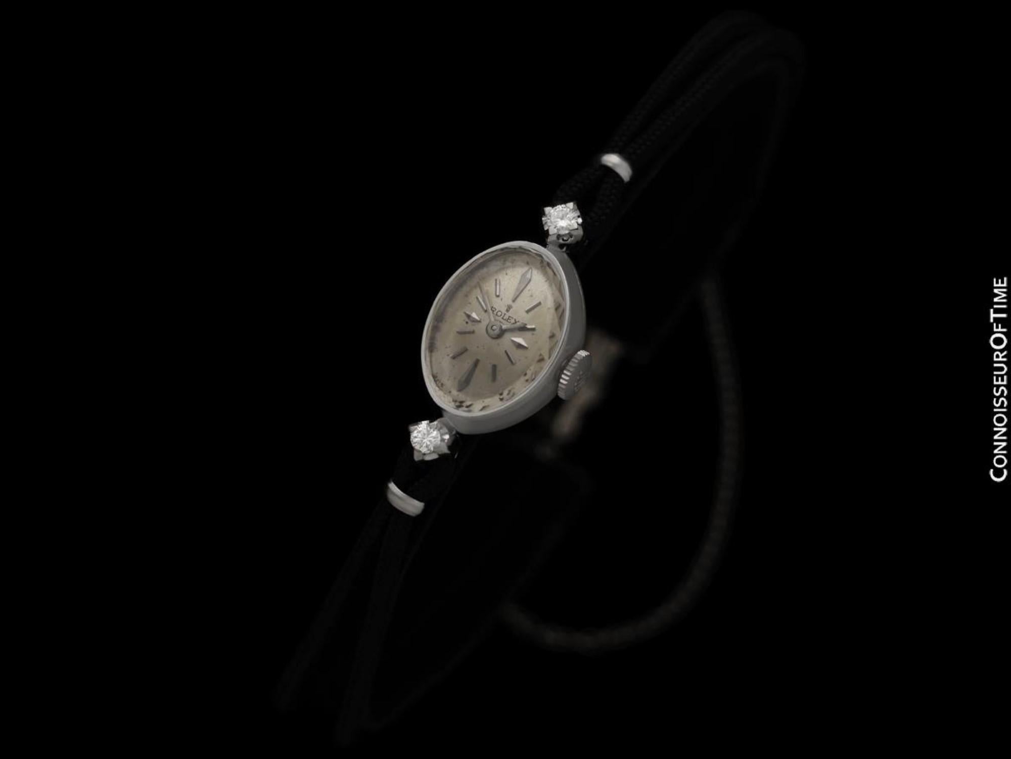 1960's Rolex Ladies Dress Watch, Silver Dial - 14K White Gold & Diamonds In Excellent Condition In Suwanee, GA