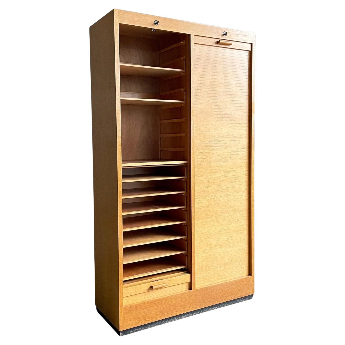 1960's Roll fronted industrial oak storage cabinet