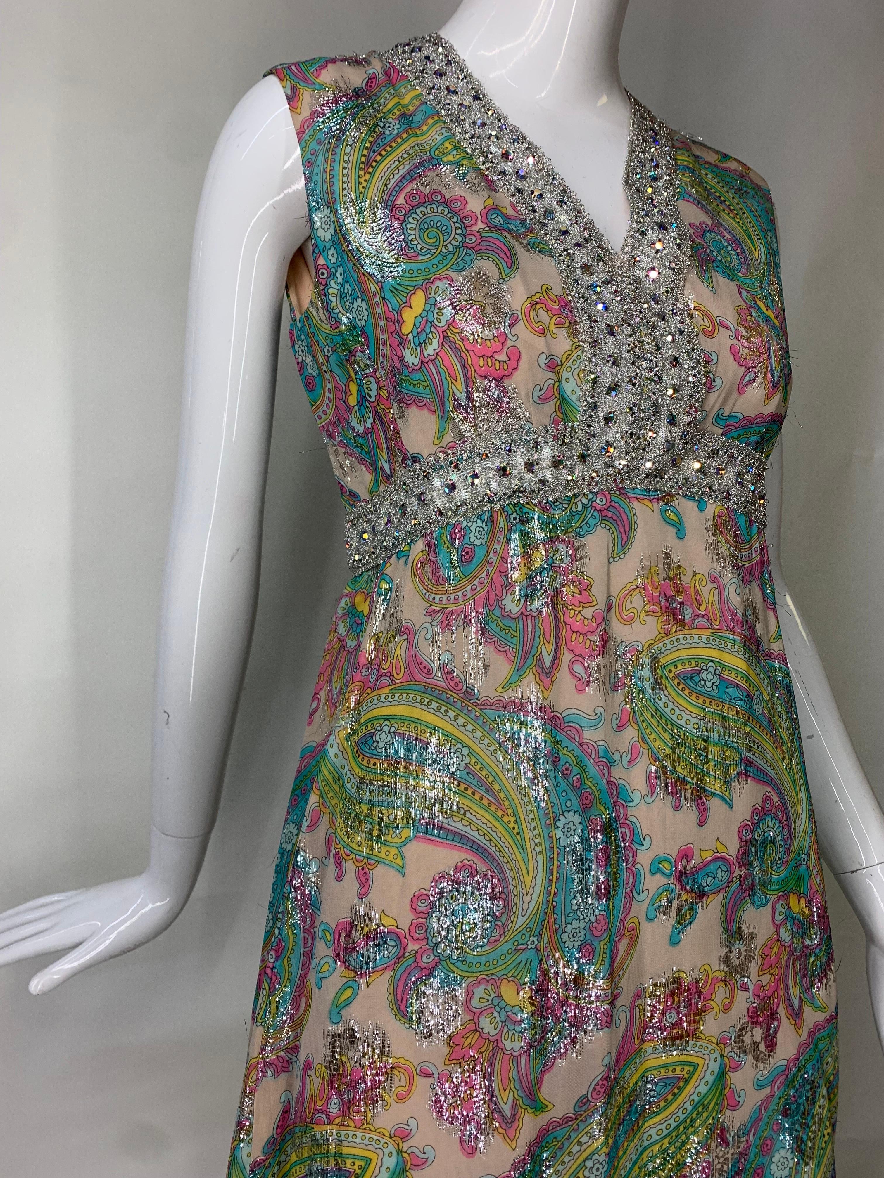 1960s Romantica Victor Costa Pastel Paisley Chiffon & Silver Tinsel Midi Dress For Sale 7